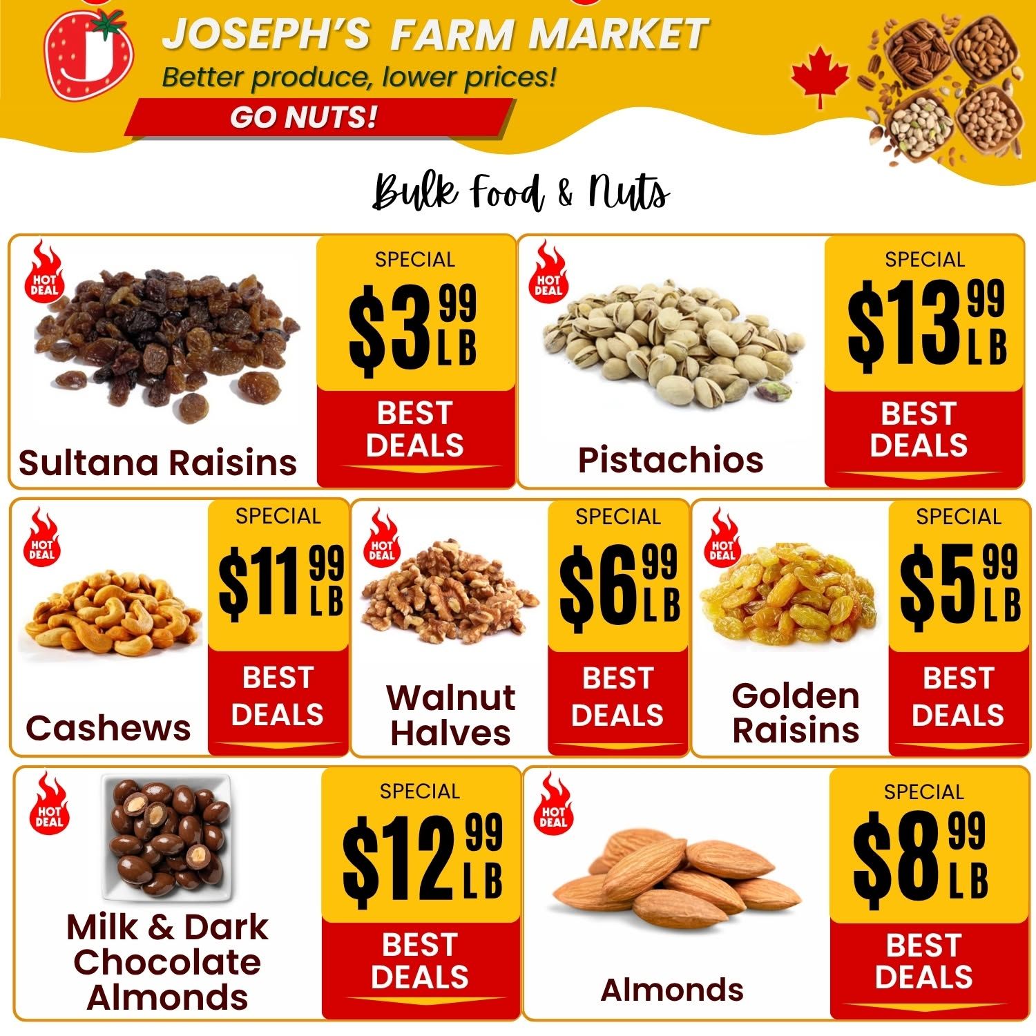 Joseph's Farm Market weekly flyer specials page 3, featuring Bulk Food & Nuts. Sultana Raisins are on special for $3.99 per pound. Pistachios are on special for $13.99 per pound. Cashews are on special for $11.99 per pound. Walnut halves are on special for $6.99 per pound. Golden Raisins are on special for $5.99 per pound. Milk & Dark Chocolate Almonds are on special for $12.99 per pound. Almonds are on special for $8.99 per pound. All items are marked as 'Best Deals' and 'Hot Deal'.