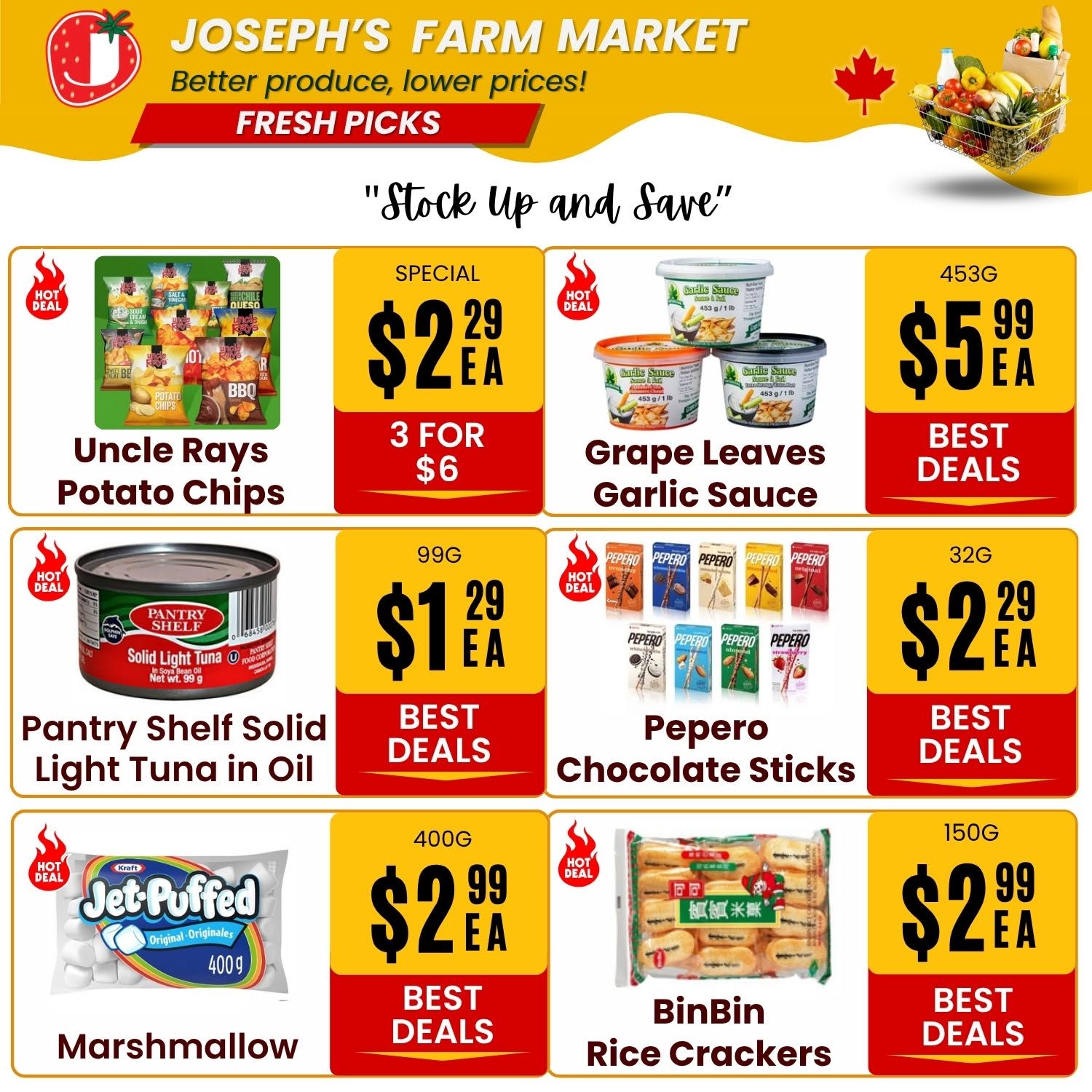 Joseph's Farm Market weekly flyer specials page 5. Features 'Fresh Picks' and 'Stock Up and Save' deals. Special offer on Uncle Rays Potato Chips at $2.29 each or 3 for $6. Grape Leaves Garlic Sauce is $5.99 each. Pantry Shelf Solid Light Tuna in Oil is $1.29 each. Pepero Chocolate Sticks are $2.29 each. Kraft Jet-Puffed Marshmallow is $2.99 each. BinBin Rice Crackers are $2.99 each.