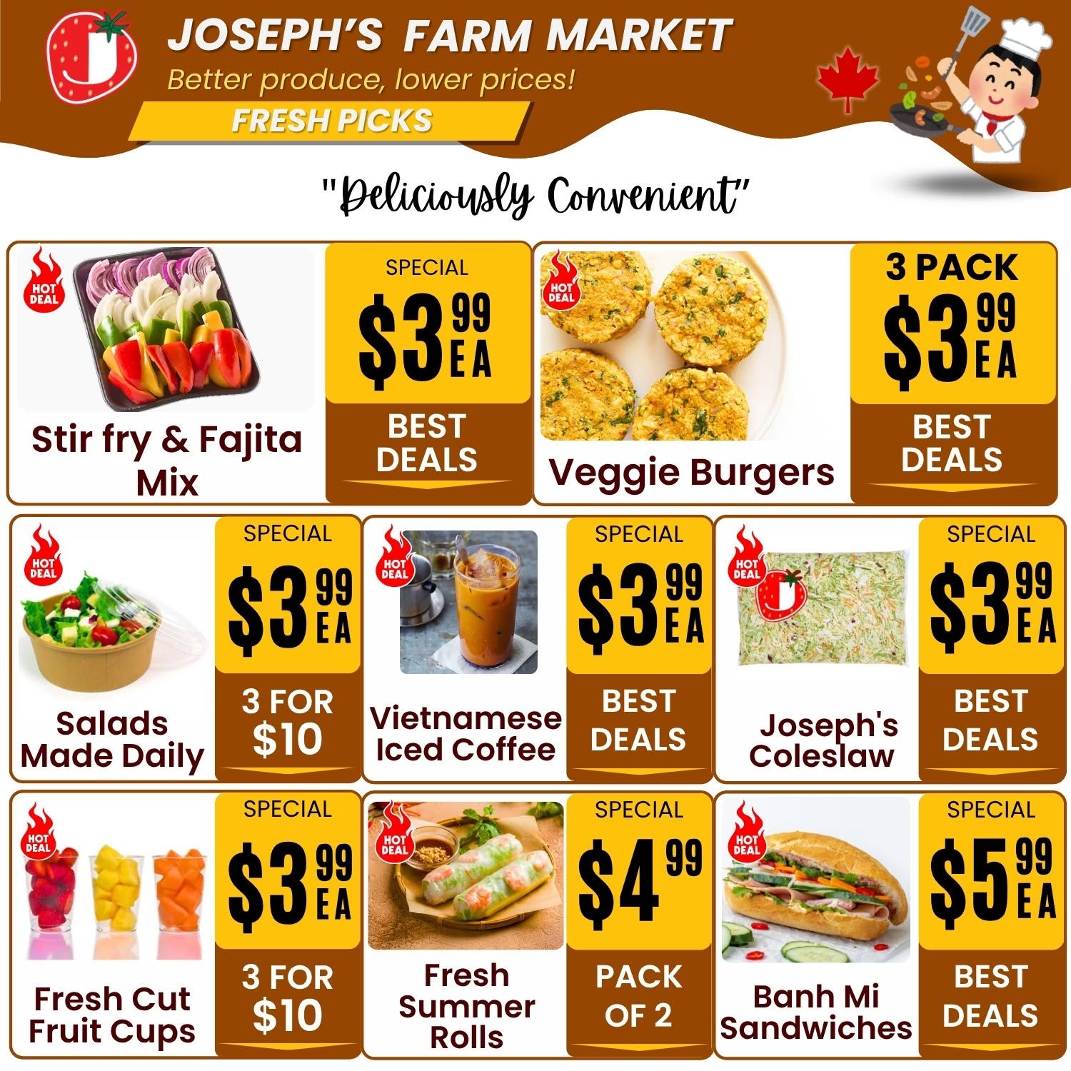 Joseph's Farm Market weekly flyer specials page 7, featuring 'Deliciously Convenient' fresh picks. On special for $3.99 each are Stir fry & Fajita Mix, Veggie Burgers (3 pack), Salads Made Daily, Vietnamese Iced Coffee, and Joseph's Coleslaw. Also available are Fresh Cut Fruit Cups for $3.99 each or 3 for $10, and Fresh Summer Rolls for $4.99 for a pack of 2. Banh Mi Sandwiches are on special for $5.99 each.
