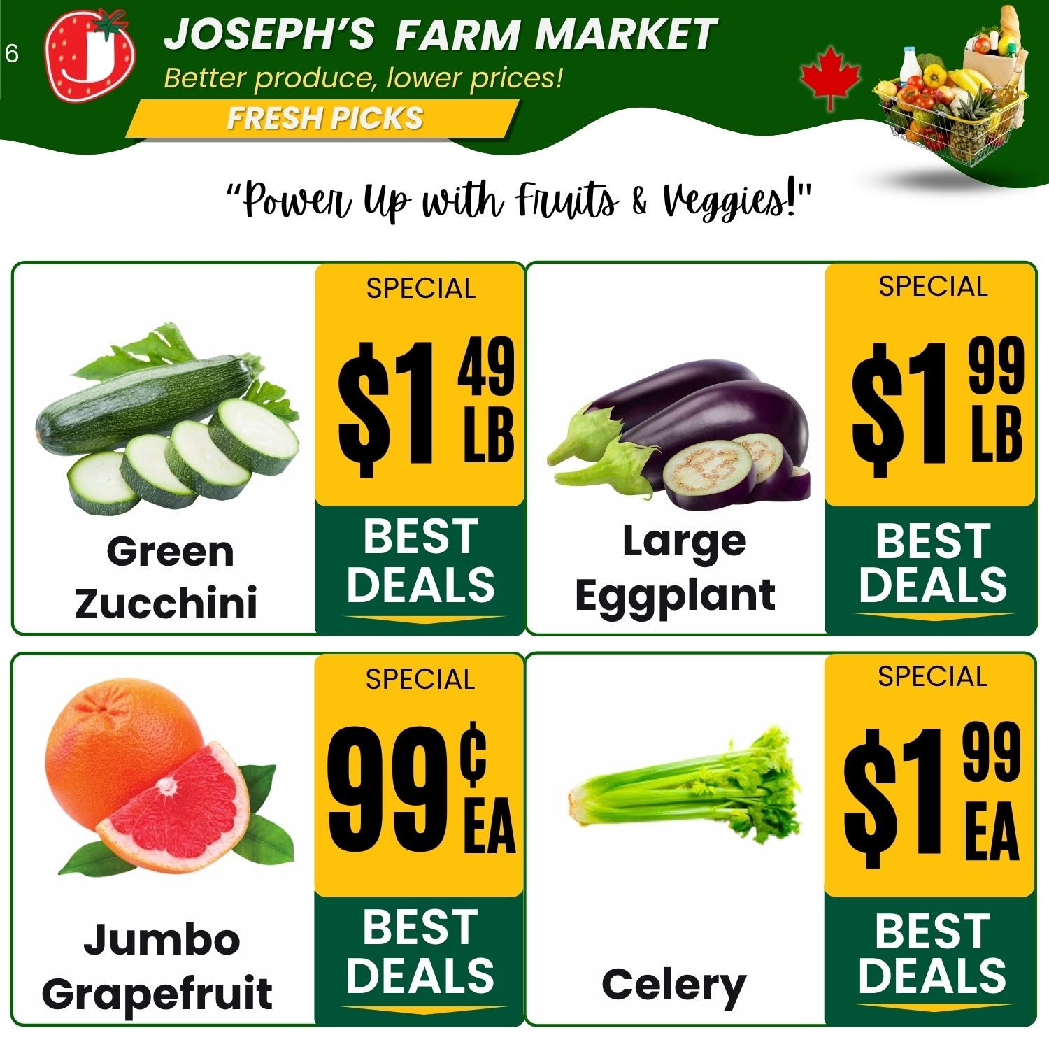 Joseph's Farm Market weekly flyer specials page 9 features fresh produce deals. Green zucchini is on special for $1.49 per pound. Large eggplant is available for $1.99 per pound. Jumbo grapefruit is priced at 99 cents each. Celery is also on special for $1.99 each. The flyer theme is 'Power Up with Fruits & Veggies!'.