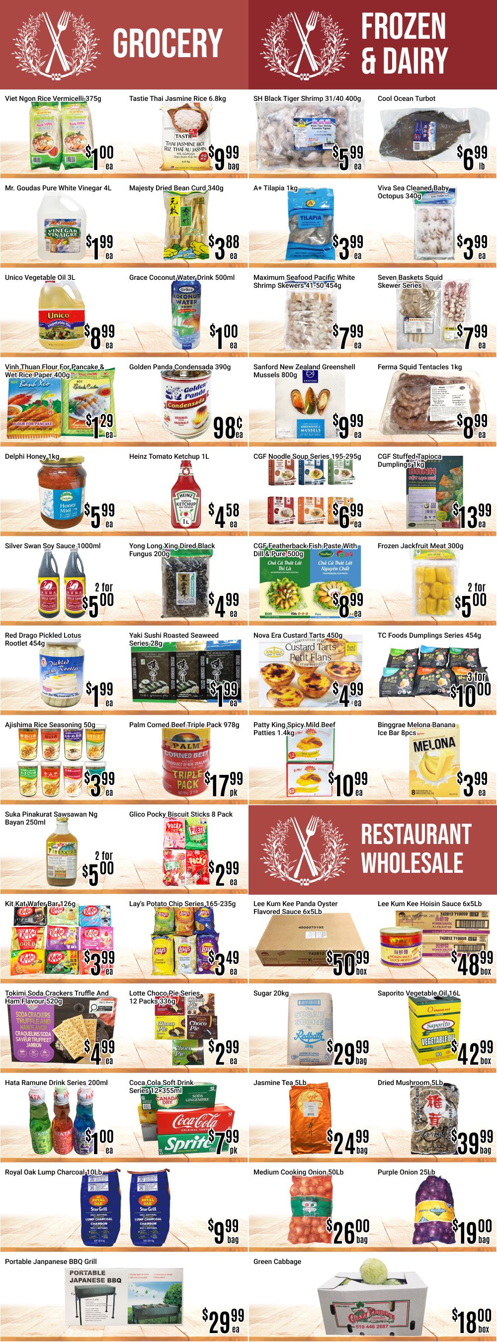 Nations Fresh Foods weekly flyer specials page 3 features a wide variety of grocery items. Highlights include Viet Ngon Rice Vermicelli 375g for $1.00, Tasti Thai Jasmine Rice 6.8kg for $9.99, and SH Black Tiger Shrimp 31/40 400g for $5.99. Other deals are Mr. Goudas Pure White Vinegar 4L at $1.99, Majesty Dried Bean Curd 340g for $3.88, and A+ Tilapia 1kg for $3.99. Also featured are Viva Sea Cleaned Baby Octopus 340g for $3.99, Unico Vegetable Oil 3L for $8.99, Grace Coconut Water Drink 500ml for $1.00, and Maximum Seafood Pacific White Shrimp Skewers 41-50 454g for $7.99. Seven Baskets Squid Skewer Series are $7.99. Vinh Thuan Flour for Pancake & Wet Rice Paper 400g is $1.29, Golden Panda Condensada 390g is 98¢, Sanford New Zealand Greenshell Mussels 800g is $9.99, and Ferma Squid Tentacles 1kg is $8.99. Delphi Honey 1kg is $5.99, Heinz Tomato Ketchup 1L is $4.58, CGF Noodle Soup Series 195-295g is $6.99, and CGF Stuffed Tapioca Dumplings 1kg is $13.99. Silver Swan Soy Sauce 1000ml is 2 for $5.00, Yong Long Xing Dired Black Fungus 200g is $4.99, CGF Featherback Fish Paste with Dill & Pure 500g is $8.99, and Frozen Jackfruit Meat 300g is 2 for $5.00. Red Drago Pickled Lotus Rootlet 454g is $1.99, Yaki Sushi Roasted Seaweed Series 28g is $1.99, Nova Era Custard Tarts 450g is $4.99, and TC Foods Dumplings Series 454g is 3 for $10.00. Ajishima Rice Seasoning 50g is $3.99, Palm Corned Beef Triple Pack 978g is $17.99 pk, Patty King Spicy Mild Beef Patties 1.4kg is $10.99, and Binggrae Melona Banana Ice Bar 8pcs is $3.99. Suka Pinakurat Sawsawan Ng Bayan 250ml is 2 for $5.00, Glico Pocky Biscuit Sticks 8 Pack is $2.99. Restaurant Wholesale section includes Lee Kum Kee Panda Oyster Flavored Sauce 6x5lb for $50.99 box and Lee Kum Kee Hoisin Sauce 6x5lb for $48.99 box. Other items are Kit Kat Wafer Bar 126g for $3.99, Lay's Potato Chip Series 165-235g for $3.49, Sugar 20kg Redpath is $29.99 bag, and Saporito Vegetable Oil 16L is $42.99 box. Tokimi Soda Crackers Truffle and Ham Flavour 520g is $4.99, Lotte Choco Pie Series 12 Packs 336g is $2.99, Hata Ramune Drink Series 200ml is $1.00, Coca Cola Soft Drink Series 12x355ml is $7.99 pk, Jasmine Tea 5lb is $24.99 bag, and Dried Mushroom 5lb is $39.99 bag. Royal Oak Lump Charcoal 10lb is $9.99 bag, Medium Cooking Onion 50lb is $26.00 bag, and Purple Onion 25lb is $19.00 bag. Portable Japanese BBQ Grill is $29.99 ea and Green Cabbage is $18.00.