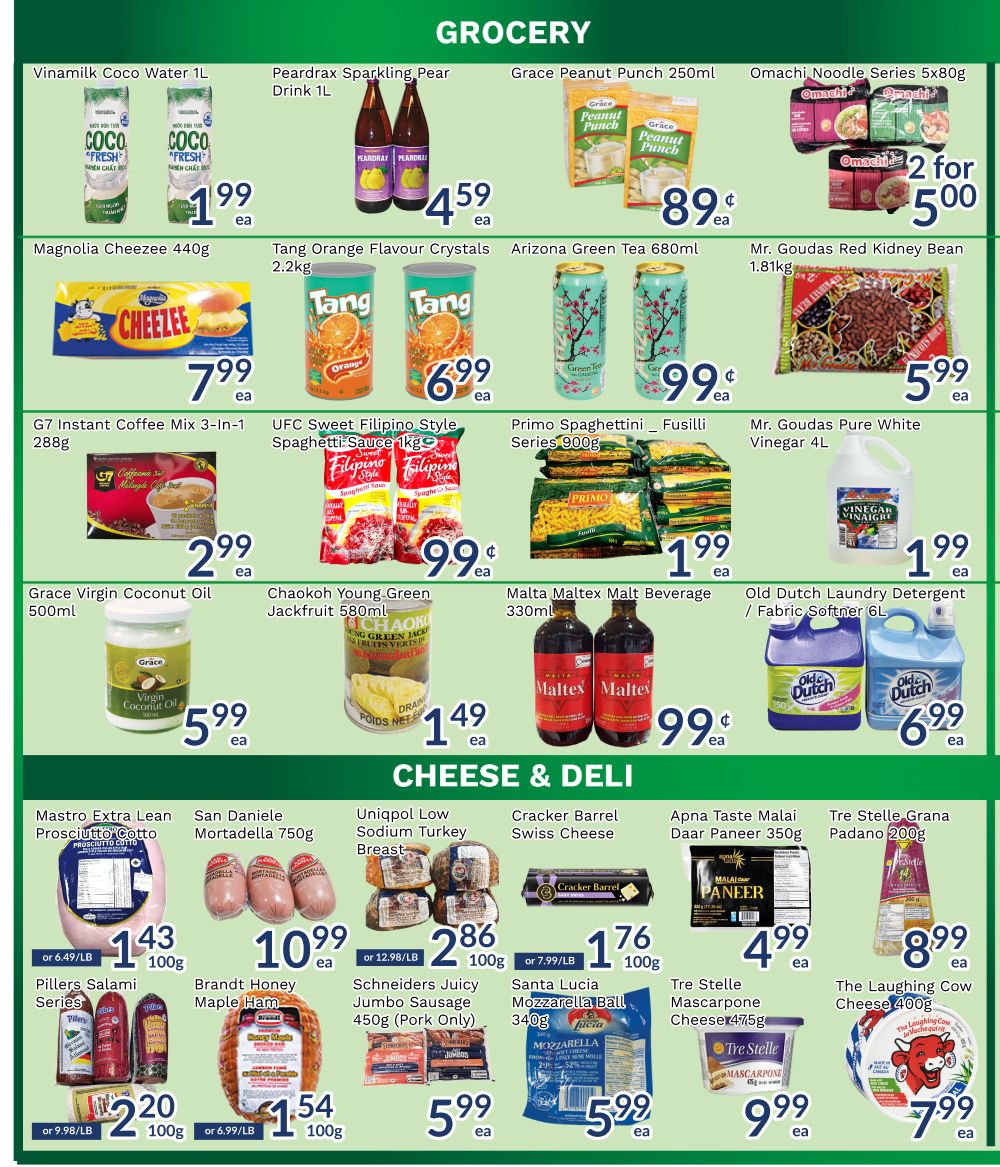 Oceans Fresh Food Market weekly flyer specials page 3 features grocery items including Vinamilk Coco Water 1L for $1.99, Peardrax Sparkling Pear Drink 1L for $4.59, Grace Peanut Punch 250ml for $0.89, and Omachi Noodle Series 5x80g for 2 for $5.00. Also available are Magnolia Cheezee 440g for $7.99, Tang Orange Flavour Crystals 2.2kg for $6.99, Arizona Green Tea 680ml for $0.99, Mr. Goudas Red Kidney Bean 1.81kg for $5.99, G7 Instant Coffee Mix 3-In-1 288g for $2.99, UFC Sweet Filipino Style Spaghetti Sauce 1kg for $0.99, Primo Spaghettini Fusilli Series 900g for $1.99, Mr. Goudas Pure White Vinegar 4L for $1.99, Grace Virgin Coconut Oil 500ml for $5.99, Chaokoh Young Green Jackfruit 580ml for $1.49, and Malta Maltex Malt Beverage 330ml for $0.99. Old Dutch Laundry Detergent / Fabric Softener 6L is priced at $6.99. The Cheese & Deli section includes Mastro Extra Lean Prosciutto Cotto for $1.43/100g or $6.49/lb, San Daniele Mortadella 750g for $10.99/100g or $12.98/lb, Unipol Low Sodium Turkey Breast for $2.86/100g, Cracker Barrel Swiss Cheese for $1.76/100g or $7.99/lb, Pillers Salami Series for $2.20/100g or $9.98/lb, Brandt Honey Maple Ham for $1.54/100g or $6.99/lb, Schneiders Juicy Jumbo Sausage 450g (Pork Only) for $5.99, Santa Lucia Mozzarella Ball 340g for $5.99, Apna Taste Malai Daar Paneer 350g for $4.99, Tre Stelle Mascarpone Cheese 475g for $9.99, and The Laughing Cow Cheese 400g for $7.99.