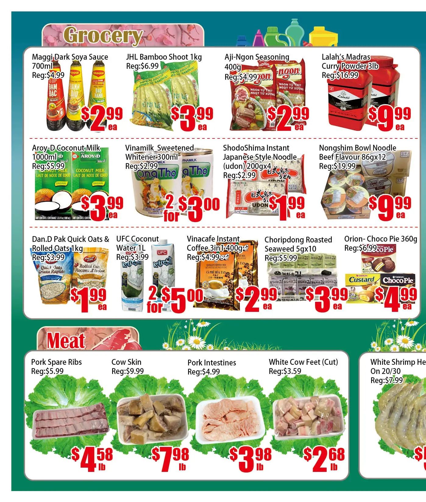 Pacific Fresh Food Market weekly flyer specials page 2. Grocery items on sale include Maggi Dark Soya Sauce 700ml for $2.99, JHL Bamboo Shoot 1kg for $3.99, Aji-Ngon Seasoning 400g for $2.99, and Lalah's Madras Curry Powder 3lb for $9.99. Also featured are Aroy-D Coconut Milk 1000ml for $3.99, Vinamilk Sweetened Whitener 300ml (2 for $3.00), ShodoShima Instant Japanese Style Noodles (udon) 200g x4 for $1.99, and Nongshim Bowl Noodle Beef Flavour 86gx12 for $9.99. Additional grocery deals are Dan.D Pak Quick Oats & Rolled Oats 1kg for $1.99, UFC Coconut Water 1L (2 for $5.00), Vinacafe Instant Coffee 3in1 400g for $2.99, Choripdong Roasted Seaweed 5g x10 for $3.99, and Orion Choco Pie 360g for $4.99. Meat specials include Pork Spare Ribs for $4.58/lb, Cow Skin for $7.98/lb, Pork Intestines for $3.98/lb, White Cow Feet (Cut) for $2.68/lb, and White Shrimp Head On 20/30 for $7.99.