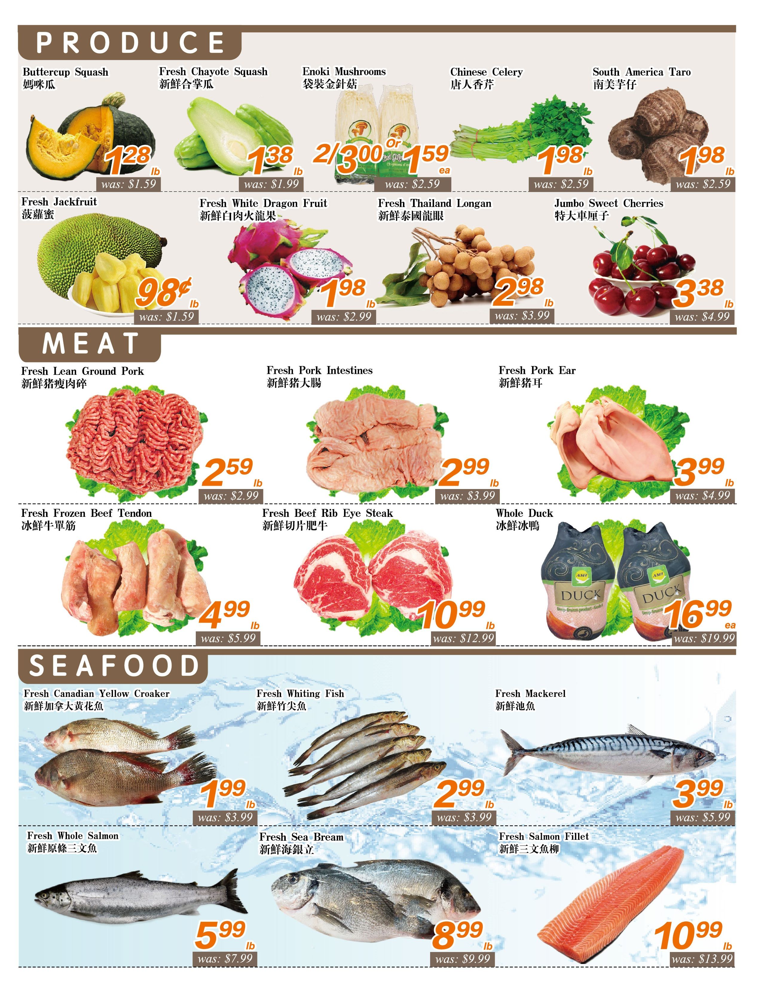 Seasons Foodmart weekly flyer specials, page 3. Produce section features Buttercup Squash at $1.28/lb (was $1.59), Fresh Chayote Squash at $1.38/lb (was $1.59), Enoki Mushrooms at 2 for $3.00 (was $2.59 each), Chinese Celery at $1.98/lb (was $2.59), South America Taro at $1.98/lb (was $2.59), Fresh Jackfruit at $0.98/lb (was $1.59), Fresh White Dragon Fruit at $1.98/lb (was $2.99), Fresh Thailand Longan at $2.98/lb (was $3.99), and Jumbo Sweet Cherries at $3.38/lb (was $4.99). Meat section includes Fresh Lean Ground Pork at $2.59/lb (was $2.99), Fresh Pork Intestines at $2.99/lb (was $3.99), Fresh Pork Ear at $2.99/lb (was $3.99), Fresh Frozen Beef Tendon at $4.99/lb (was $5.99), Fresh Beef Rib Eye Steak at $10.99/lb (was $12.99), and Whole Duck at $16.99 each (was $19.99). Seafood section offers Fresh Canadian Yellow Croaker at $1.99/lb (was $3.99), Fresh Whiting Fish at $2.99/lb (was $3.99), Fresh Mackerel at $3.99/lb (was $5.99), Fresh Whole Salmon at $5.99/lb (was $7.99), Fresh Sea Bream at $8.99/lb (was $9.99), and Fresh Salmon Fillet at $10.99/lb (was $13.99).