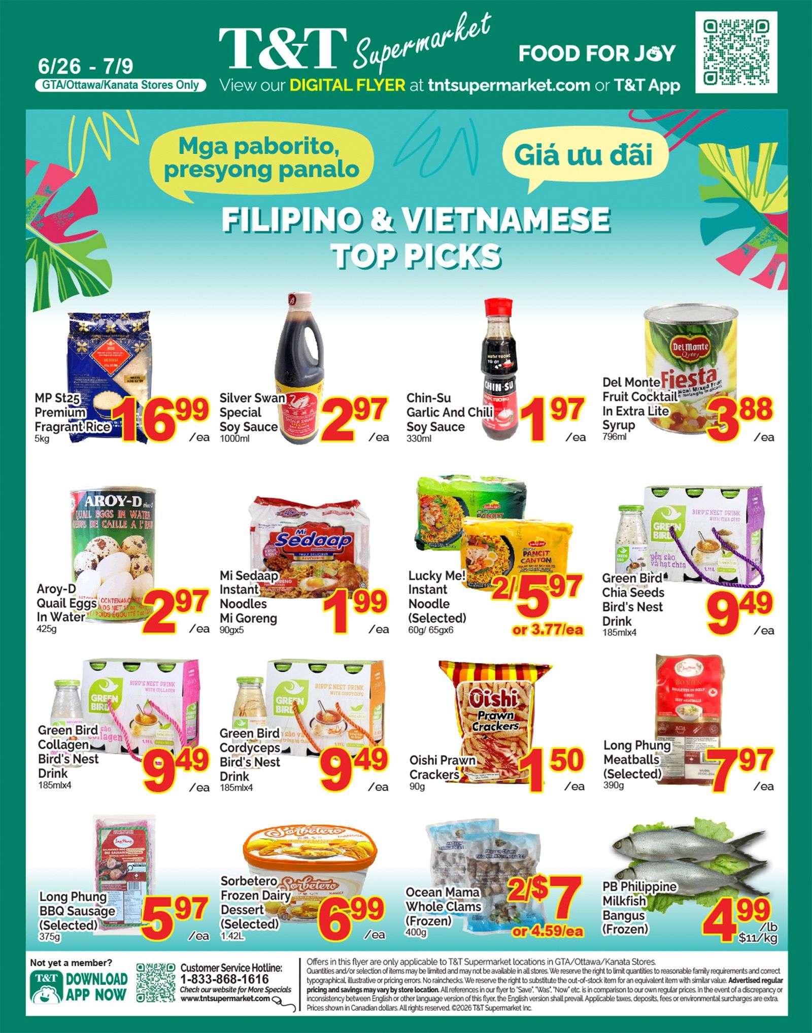 T&T Supermarket flyer page 7 featuring Filipino & Vietnamese Top Picks. Offers include MP St25 Premium Fragrant Rice 5kg for $16.99, Silver Swan Special Soy Sauce 1000ml for $2.97, Chin-Su Garlic and Chili Soy Sauce 330ml for $1.97, and Del Monte Fiesta Fruit Cocktail in Extra Lite Syrup 796ml for $3.88. Also featured are Aroy-D Quail Eggs in Water 425g for $2.97, Mi Sedaap Instant Noodles Mi Goreng 90gx5 for $1.99, Lucky Me! Instant Noodles (Selected) 60g/65gx6 for $5.97 or $3.77/ea. Drinks include Green Bird Chia Seeds Bird's Nest Drink 185mlx4 for $9.49 and Green Bird Cordyceps Bird's Nest Drink 185mlx4 for $9.49. Other items are Oishi Prawn Crackers 90g for $1.50, Long Phung BBQ Sausage (Selected) 375g for $5.97, Long Phung Meatballs (Selected) 390g for $7.97, Sorbetero Frozen Dairy Dessert (Selected) 1.42L for $6.99, Ocean Mama Whole Clams (Frozen) 400g for 2/$7 or $4.59/ea, and PB Philippine Milkfish Bangus (Frozen) for $4.99/lb or $11/kg. Download the T&T App now.