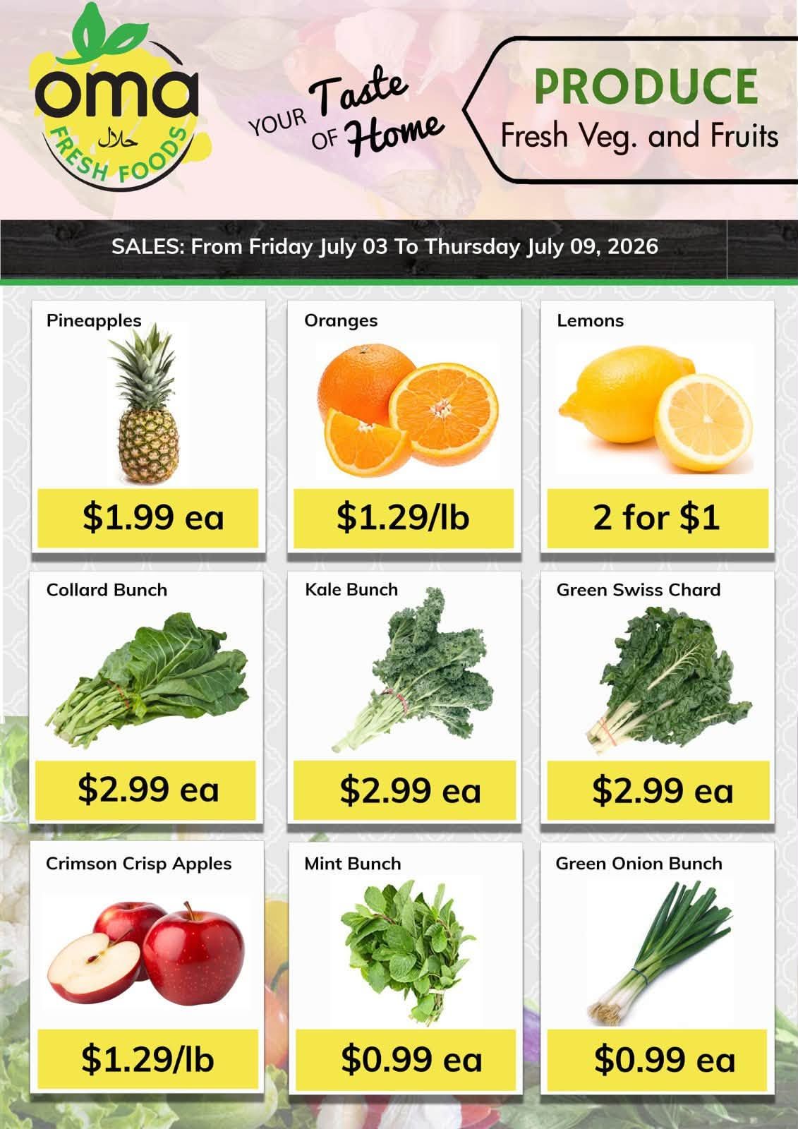 Oma Fresh Foods weekly flyer specials page 5, featuring fresh produce. Sale prices valid from Friday, July 03 to Thursday, July 09, 2026. Pictured items include: Pineapples for $1.99 each, Oranges for $1.29 per pound, Lemons at 2 for $1, Collard Bunch for $2.99 each, Kale Bunch for $2.99 each, Green Swiss Chard for $2.99 each, Crimson Crisp Apples for $1.29 per pound, Mint Bunch for $0.99 each, and Green Onion Bunch for $0.99 each.