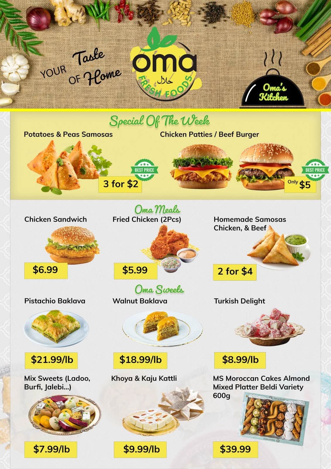 Oma Fresh Foods weekly flyer specials page 7. Special of the Week includes Potatoes & Peas Samosas, 3 for $2, and Chicken Patties / Beef Burger, only $5. Oma Meals feature Chicken Sandwich for $6.99, Fried Chicken (2 Pcs) for $5.99, and Homemade Samosas Chicken & Beef, 2 for $4. Oma Sweets include Pistachio Baklava for $21.99/lb, Walnut Baklava for $18.99/lb, and Turkish Delight for $8.99/lb. Also available are Mix Sweets (Ladoo, Burfi, Jalebi...) for $7.99/lb, Khoya & Kaju Kattli for $9.99/lb, and MS Moroccan Cakes Almond Mixed Platter Beldi Variety 600g for $39.99.