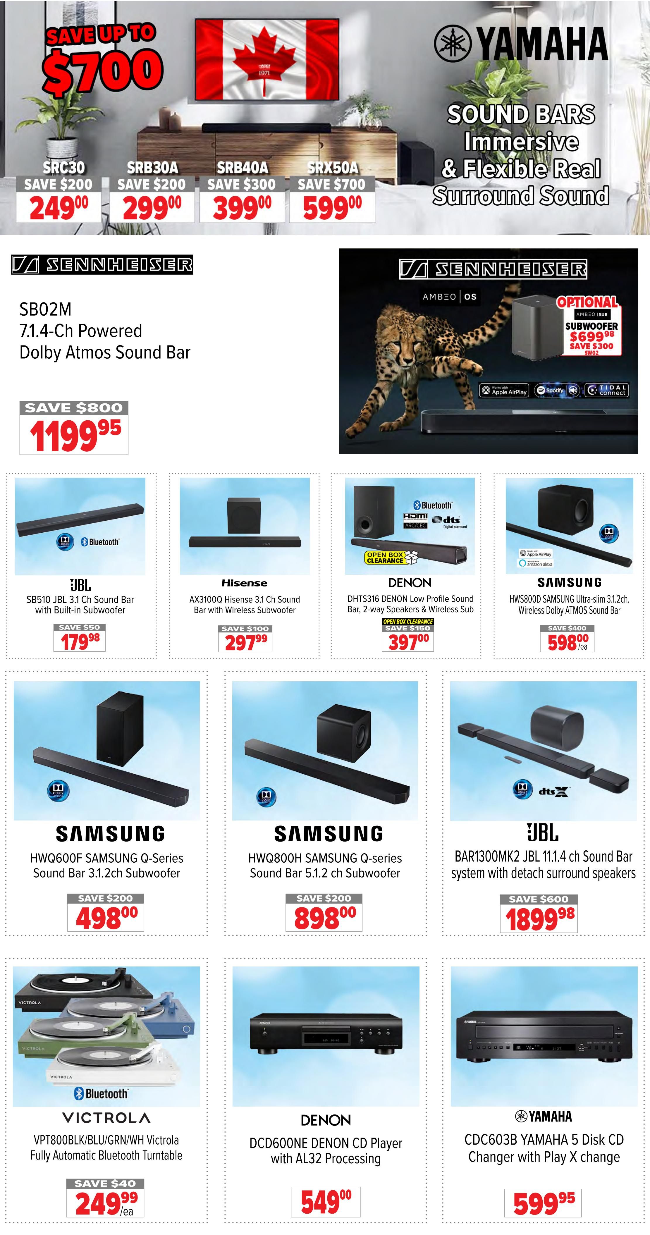 2001 Audio Video weekly flyer specials page 5 features Yamaha sound bars with savings up to $700. Featured models include SRC30 for $249.00 (save $200), SRB30A for $299.00 (save $200), SRB40A for $399.00 (save $300), and SRX50A for $599.00 (save $700). Also on sale is the Sennheiser SB02M 7.1.4-Ch Powered Dolby Atmos Sound Bar for $1199.95 (save $800). Other sound bars include the JBL SB510 JBL 3.1 Ch Sound Bar with Built-in Subwoofer for $179.98 (save $50), Hisense AX3100Q Hisense 3.1 Ch Sound Bar with Wireless Subwoofer for $297.99 (save $100), DENON DHTS316 DENON Low Profile Sound Bar, 2-way Speakers & Wireless Sub for $397.00 (save $150) from Open Box Clearance, and SAMSUNG HWS800D SAMSUNG Ultra-slim 3.1.2ch. Wireless Dolby Atmos Sound Bar for $598.00 (save $400). Additional Samsung sound bars are the HWQ600F SAMSUNG Q-Series Sound Bar 3.1.2ch Subwoofer for $498.00 (save $200) and HWQ800H SAMSUNG Q-series Sound Bar 5.1.2 ch Subwoofer for $898.00 (save $200). The JBL BAR1300MK2 JBL 11.1.4 ch Sound Bar system with detach surround speakers is available for $1899.98 (save $600). Electronics include the VICTROLA VPT800BLK/BLU/GRN/WH Victrola Fully Automatic Bluetooth Turntable for $249.99 (save $40), DENON DCD600NE DENON CD Player with AL32 Processing for $549.00, and YAMAHA CDC603B YAMAHA 5 Disk CD Changer with Play X change for $599.95.