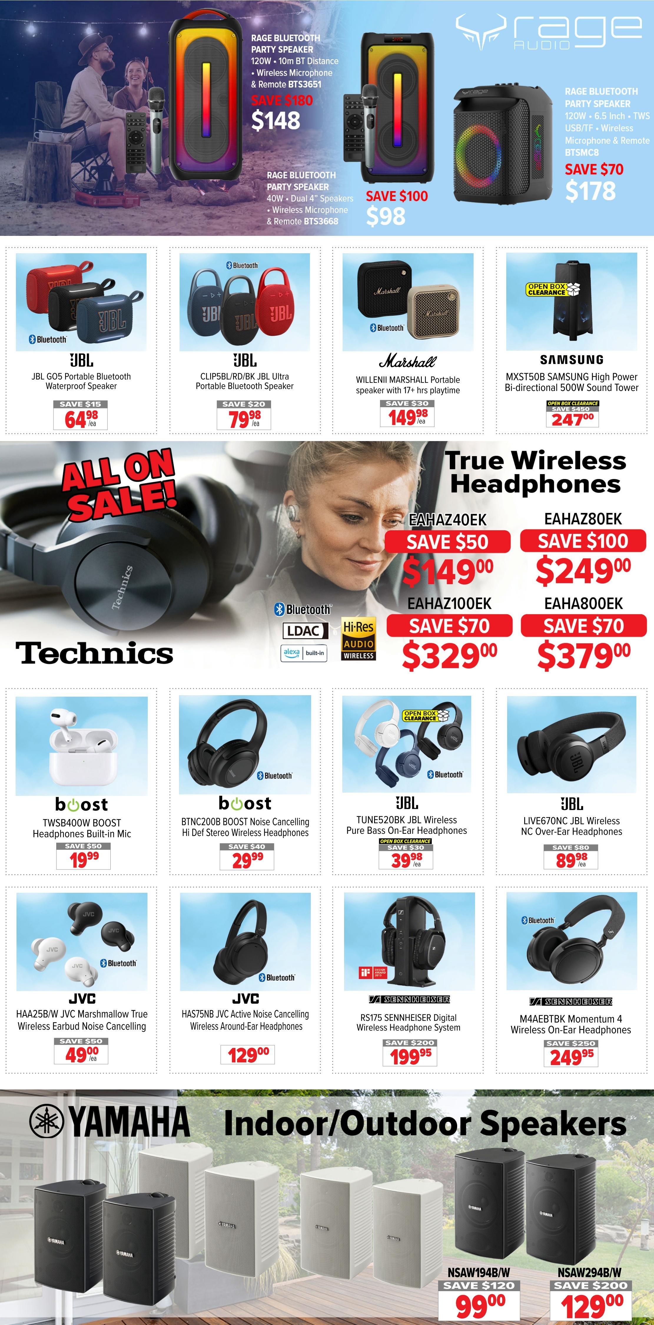 2001 Audio Video weekly flyer specials page 6 features a wide selection of audio equipment on sale. Top of the page showcases RAGE BLUETOOTH PARTY SPEAKERS: one 120W with 10m BT distance, wireless microphone & remote BTS3651 for $148 (save $180), and another 40W dual 4' speaker model with wireless microphone & remote BTS3668 for $98 (save $100). Also featured is a RAGE BLUETOOTH PARTY SPEAKER 120W with 6.5 inch TWs, USB/TF, wireless microphone & remote BTSMCR for $178 (save $70). Below are portable Bluetooth speakers: JBL GO5 Waterproof Bluetooth Speaker for $64.98 (save $15), JBL CLIP5BL/RD/BK JBL Ultra Portable Bluetooth Speaker for $79.98 (save $20), and Marshall WILLENII MARSHALL Portable speaker with 17+ hrs playtime for $149.98 (save $30). A Samsung MXST50B Samsung High Power Bi-directional 500W Sound Tower is available as Open Box Clearance for $247.00 (save $450). The page highlights True Wireless Headphones with models like EAH40ZEK for $149.00 (save $50), EAH80ZEK for $249.00 (save $100), EAH100EK for $329.00 (save $70), and EAH800EK for $379.00 (save $70). Other headphones on sale include: Boost TWSB400W BOOST Headphones Built-in Mic for $19.99 (save $50), Boost BTNC200B BOOST Noise Cancelling Hi Def Stereo Wireless Headphones for $29.99 (save $40), JBL TUNE520BT JBL Wireless Pure Bass On-Ear Headphones for $39.98 (save $30) as Open Box Clearance, and JBL LIVE670NC JBL Wireless NC Over-Ear Headphones for $89.98 (save $30). JVC offers HAA25B/W JVC Marshmallow True Wireless Earbud Noise Cancelling for $49.99 (save $50) and HAS75NB JVC Active Noise Cancelling Wireless Around-Ear Headphones for $129.00. Sennheiser Digital Wireless Headphone System RS175 is $199.95 (save $200), and Sennheiser M4AEBTBK Momentum 4 Wireless On-Ear Headphones are $249.95 (save $250). The bottom section features Yamaha Indoor/Outdoor Speakers: NSAW194B/W for $99.00 (save $120) and NSAW294B/W for $129.00 (save $200).