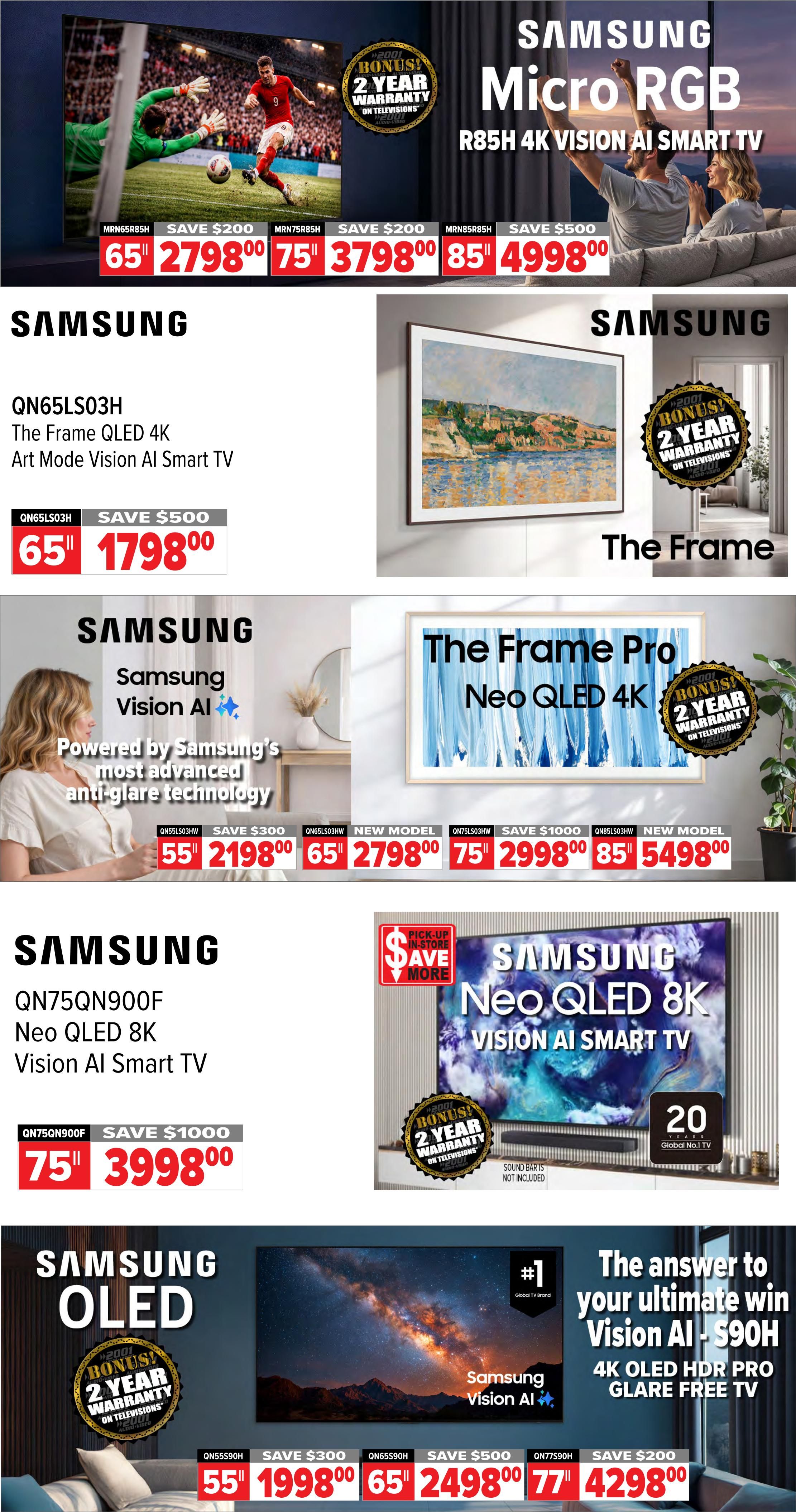 2001 Audio Video weekly flyer specials page 7 features a variety of Samsung televisions. Top banner showcases Samsung Micro RGB R85H 4K Vision AI Smart TV with a 2-year warranty bonus, available in 65' for $2798.00 (save $200), 75' for $3798.00 (save $200), and 85' for $4998.00 (save $500). Below, the Samsung QN65LS03H The Frame QLED 4K Art Mode Vision AI Smart TV is priced at $1798.00 with a $500 saving. The Frame Pro Neo QLED 4K is shown with options for 55' Vision AI Smart TV for $2198.00 (save $300), 65' for $2798.00 (new model), 75' for $2998.00 (save $1000), and 85' for $5498.00 (new model). Further down, the Samsung QN75QN900F Neo QLED 8K Vision AI Smart TV is available for $3998.00 with a $1000 saving. The page also highlights Samsung OLED TVs, including a 55' Vision AI S90H 4K OLED HDR Pro Glare Free TV for $1998.00 (save $300), a 65' for $2498.00 (save $500), and a 77' for $4298.00 (save $200). All featured televisions include a bonus 2-year warranty on televisions.