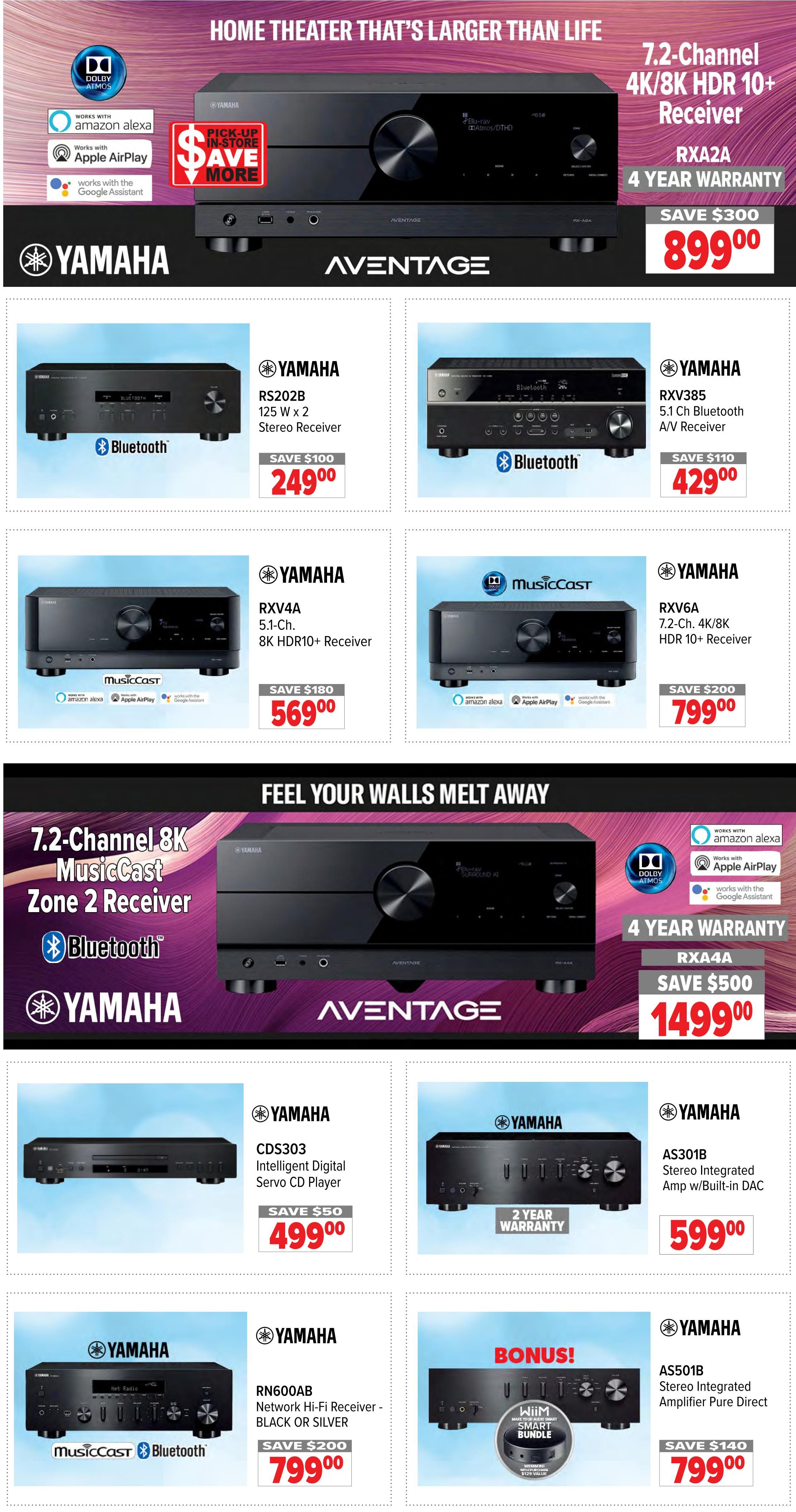 2001 Audio Video weekly flyer specials page 10 features home theater equipment. The top section highlights the Yamaha RXA2A 7.2-Channel 4K/8K HDR 10+ Receiver with 4-year warranty, on sale for $899.00, saving $300. Below this, the Yamaha RS202B 125 W x 2 Stereo Receiver is available for $249.00, saving $100. To its right, the Yamaha RXV385 5.1 Ch Bluetooth A/V Receiver is priced at $429.00, saving $110. Further down, the Yamaha RXV4A 5.1-Ch. 8K HDR10+ Receiver with MusicCast, Amazon Alexa, Apple AirPlay, and Google Assistant compatibility is on sale for $569.00, saving $180. Next to it, the Yamaha RXV6A 7.2-Ch. 4K/8K HDR 10+ Receiver with MusicCast, Amazon Alexa, Apple AirPlay, and Google Assistant is priced at $799.00, saving $200. The middle section showcases the Yamaha RXA4A 7.2-Channel 8K MusicCast Zone 2 Receiver with Bluetooth, Dolby Atmos, Amazon Alexa, Apple AirPlay, and Google Assistant compatibility, featuring a 4-year warranty and a special price of $1499.00, saving $500. The bottom row includes the Yamaha CDS303 Intelligent Digital Servo CD Player for $499.00, saving $50. To its right, the Yamaha AS301B Stereo Integrated Amp w/Built-in DAC is available for $599.00. Finally, the Yamaha RN600AB Network Hi-Fi Receiver in Black or Silver with MusicCast and Bluetooth is on sale for $799.00, saving $200. The Yamaha AS501B Stereo Integrated Amplifier Pure Direct is offered with a bonus smart bundle for $799.00, saving $140.