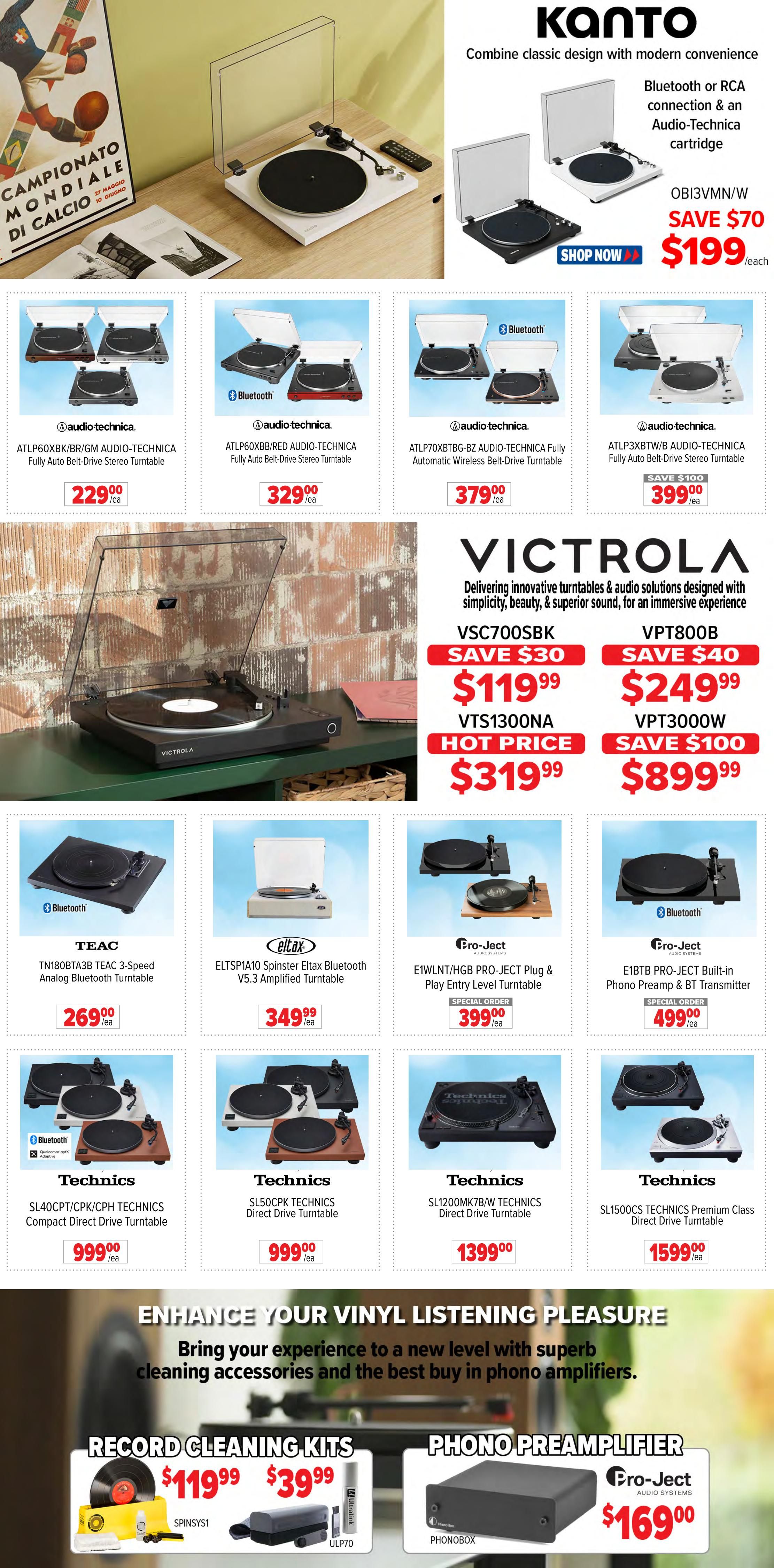 2001 Audio Video weekly flyer specials page 11 features a wide selection of turntables and audio equipment. Top section showcases Kanto turntables with the OBI3VMN/W model on sale for $199, saving $70. Several Audio-Technica turntables are featured including the ATLP60XBK/BR for $229.99, ATLP60XBB/RED for $329.99, ATLP70XBTBG-BZ for $379.99, and ATLP3XBTW/B for $399.99 with a $100 saving. Victrola turntables are also on special: VSC700SBK for $119.99 (save $30), VPT800B for $249.99 (save $40), VTS1300NA at a hot price of $319.99, and VPT3000W for $899.99 (save $100). Other featured turntables include the TEAC TN180BTAB3B for $269.99, ELTAC ELTSP1A10 for $349.99, Pro-Ject E1WLNT/HGB for $399.99 (special order), and Pro-Ject E1BTB for $499.99 (special order). The Technics brand offers the SL40CPT/CPK/CPH for $999.99, SL50CPK for $999.99, SL1200MK7B/W for $1399.99, and SL1500CS for $1599.99. The page also highlights record cleaning kits starting at $119.99 and a Pro-Ject Phono Box for $169.00.