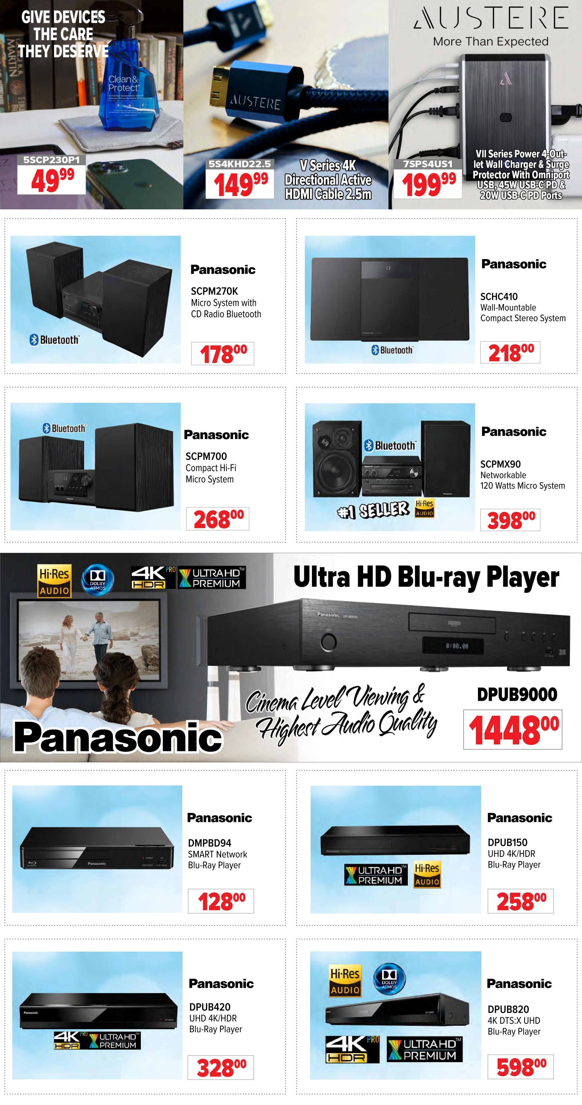 2001 Audio Video weekly flyer specials page 13 features various electronics. Top row includes Austere Clean & Protect spray for $49.99, Austere V Series 4K Directional Active HDMI Cable 2.5m for $149.99, and Austere VII Series Power 4-Outlet Wall Charger & Surge Protector with Omniport USB, 45W USB-C PD & 20W USB-C PD Ports for $199.99. Middle row showcases Panasonic SCPM270K Micro System with CD Radio Bluetooth for $178.00, Panasonic SCHC410 Wall-Mountable Compact Stereo System for $218.00, and Panasonic SCPM700 Compact Hi-Fi Micro System for $268.00. The #1 Seller Panasonic SCPMX90 Networkable 120 Watts Micro System is priced at $398.00. The bottom section highlights Panasonic Ultra HD Blu-ray Players with Cinema Level Viewing & Highest Audio Quality. Featured models include the Panasonic DPUB9000 for $1448.00, Panasonic DMPBD94 SMART Network Blu-Ray Player for $128.00, Panasonic DPUB150 UHD 4K/HDR Blu-Ray Player for $258.00, Panasonic DPUB420 UHD 4K/HDR Blu-Ray Player for $328.00, and Panasonic DPUB820 4K DTS:X UHD Blu-Ray Player for $598.00.