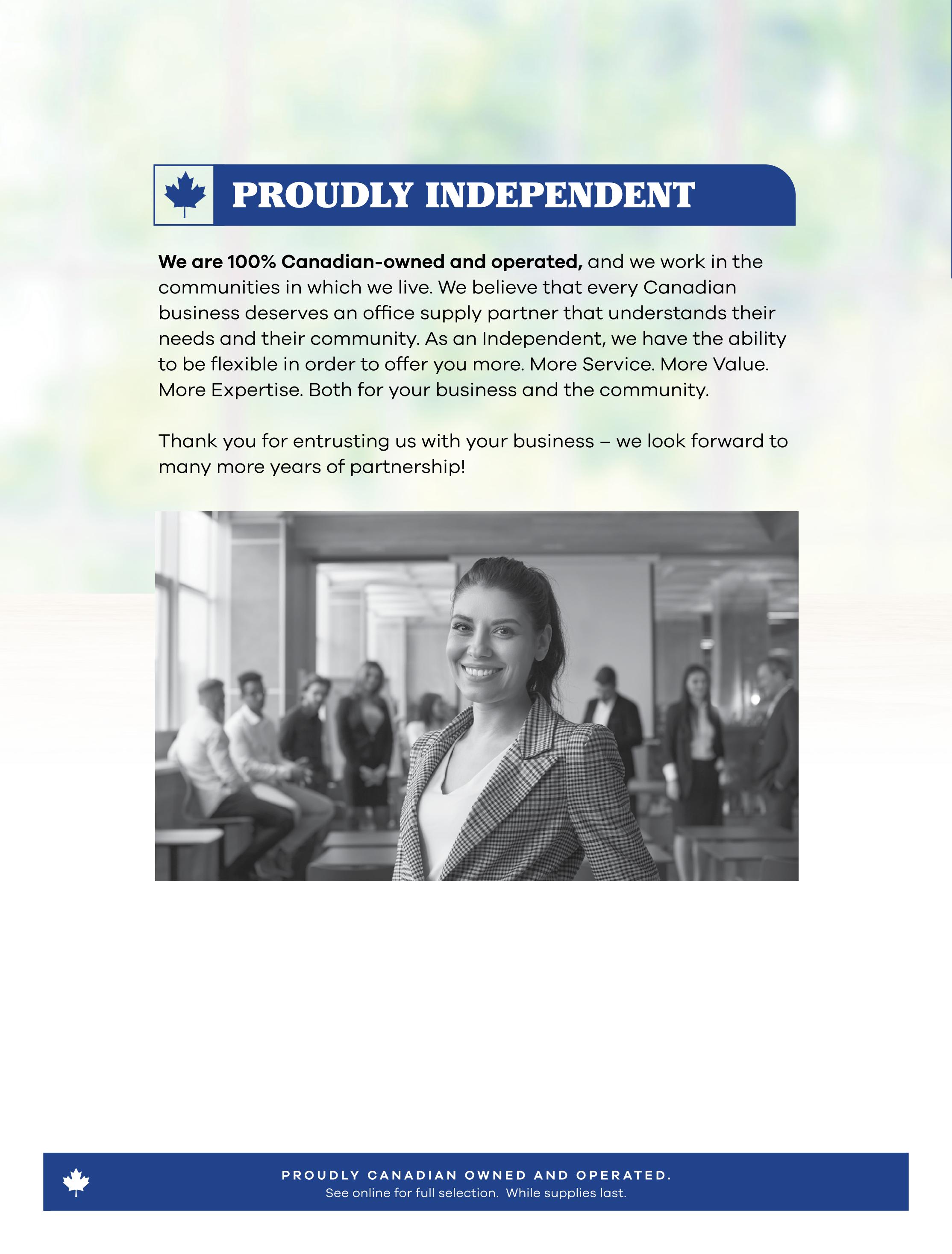 Covey Basics flyer, page 2. Features a message stating 'Proudly Independent' and 'We are 100% Canadian-owned and operated'. The text emphasizes their commitment to serving Canadian businesses with more service, more value, and more expertise. It thanks customers for their trust and looks forward to future partnership. A black and white image shows a smiling woman in a blazer with colleagues in the background. The bottom banner reiterates 'Proudly Canadian Owned and Operated' and advises to 'See online for full selection. While supplies last.'