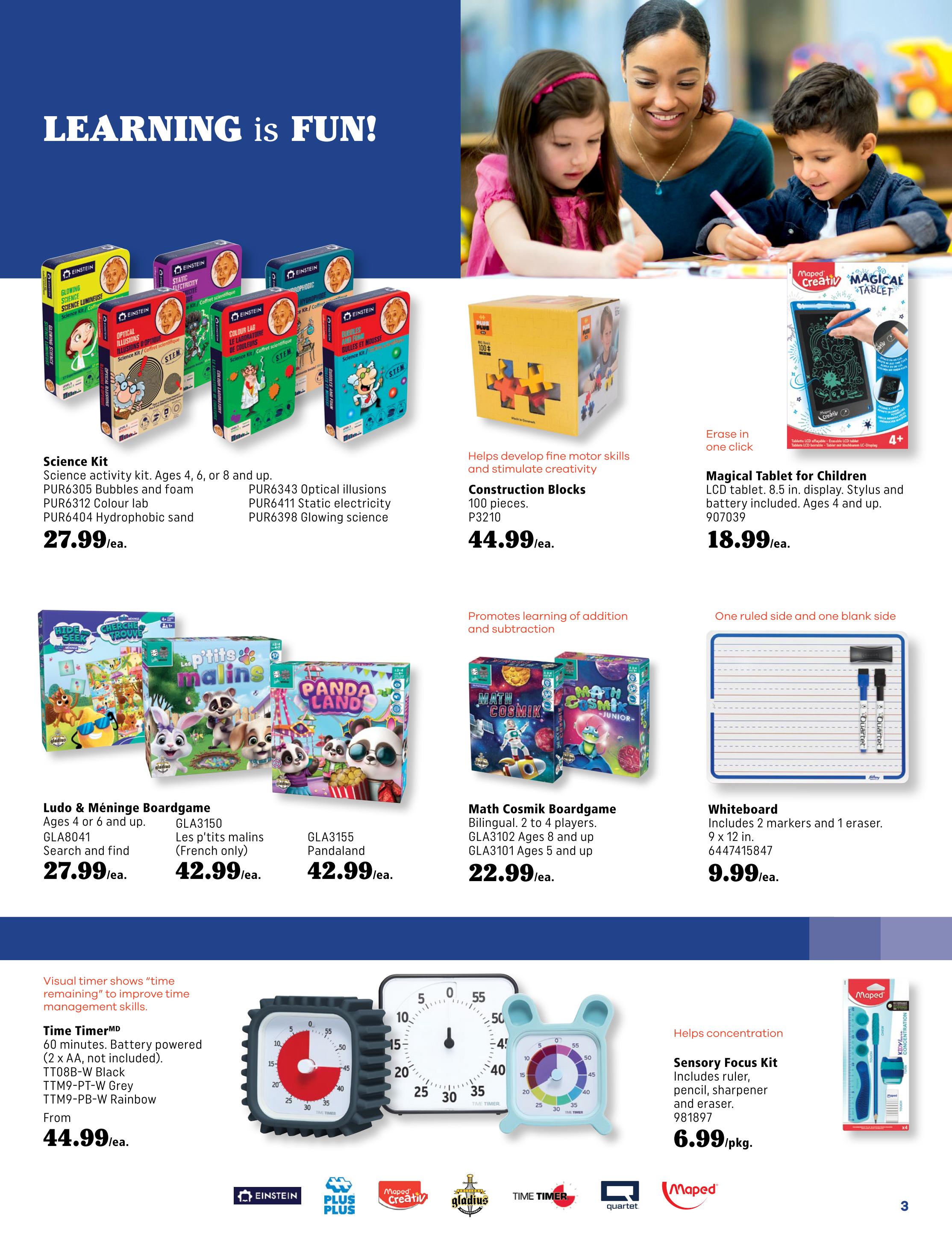 Covey Basics flyer page 3 features learning and fun products. Science Kits are available for ages 4 and up, including options like Bubbles and foam, Colour lab, Hydrophobic sand, Optical illusions, Static electricity, and Glowing science, all priced at $27.99 each. Construction Blocks with 100 pieces are $44.99. A Magical Tablet for Children with an 8.5-inch display, stylus, and battery included is $18.99. Boardgames include Ludo & Méninge for ages 4 or 6 and up, priced at $27.99. Les p'tits malins (French only) and Pandaland are both $42.99 each. The Math Cosmik Boardgame, bilingual for 2 to 4 players, is $22.99. A whiteboard with 2 markers and 1 eraser, measuring 9 x 12 inches, is $9.99. The Time TimerMD, a 60-minute battery-powered visual timer, is available from $44.99 in Black or Rainbow colours. A Sensory Focus Kit including a ruler, pencil, sharpener, and eraser is $6.99 per package.