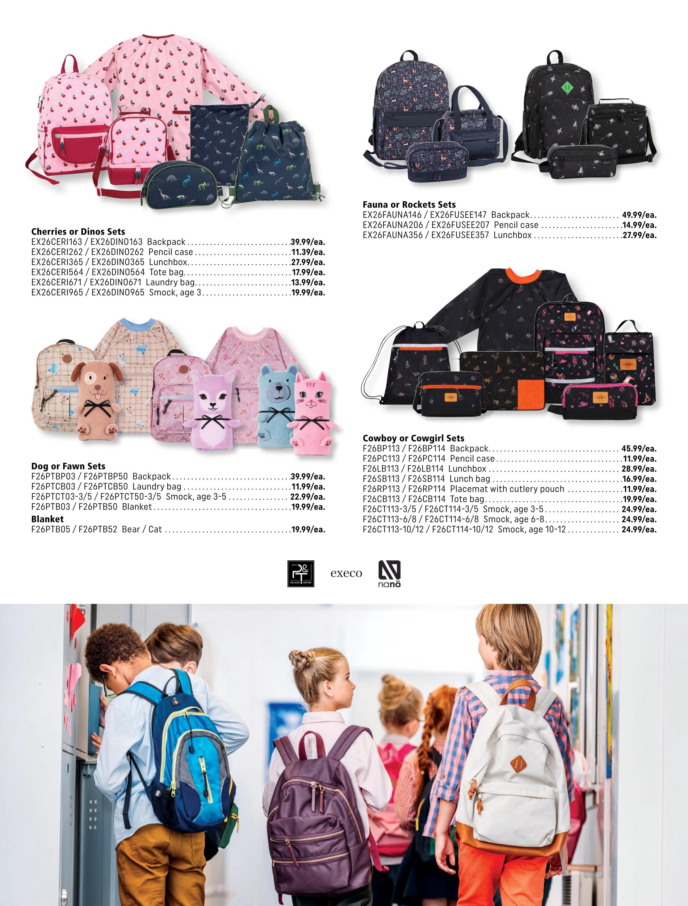 Covey Basics flyer page 5 features school bags and accessories. The top left section showcases Cherries or Dinos Sets including a backpack for $39.99, pencil case for $11.39, lunchbox for $27.99, tote bag for $17.99, laundry bag for $13.99, and a smock for age 3 at $19.99. The top right displays Fauna or Rockets Sets with a backpack for $49.99, pencil case for $14.99, and lunchbox for $27.99. The bottom left section presents Dog or Fawn Sets with a backpack for $39.99, laundry bag for $11.99, smock for ages 3-5 for $22.99, and a blanket for $19.99. A separate blanket featuring a bear or cat design is also available for $19.99. The bottom right highlights Cowboy or Cowgirl Sets, including a backpack for $45.99, pencil case for $11.99, lunchbox for $28.99, lunch bag for $16.99, a placemat with cutlery pouch for $11.99, a tote bag for $19.99, and smocks for ages 3-5, 6-8, and 10-12, all priced at $24.99. The page also features images of children with backpacks.