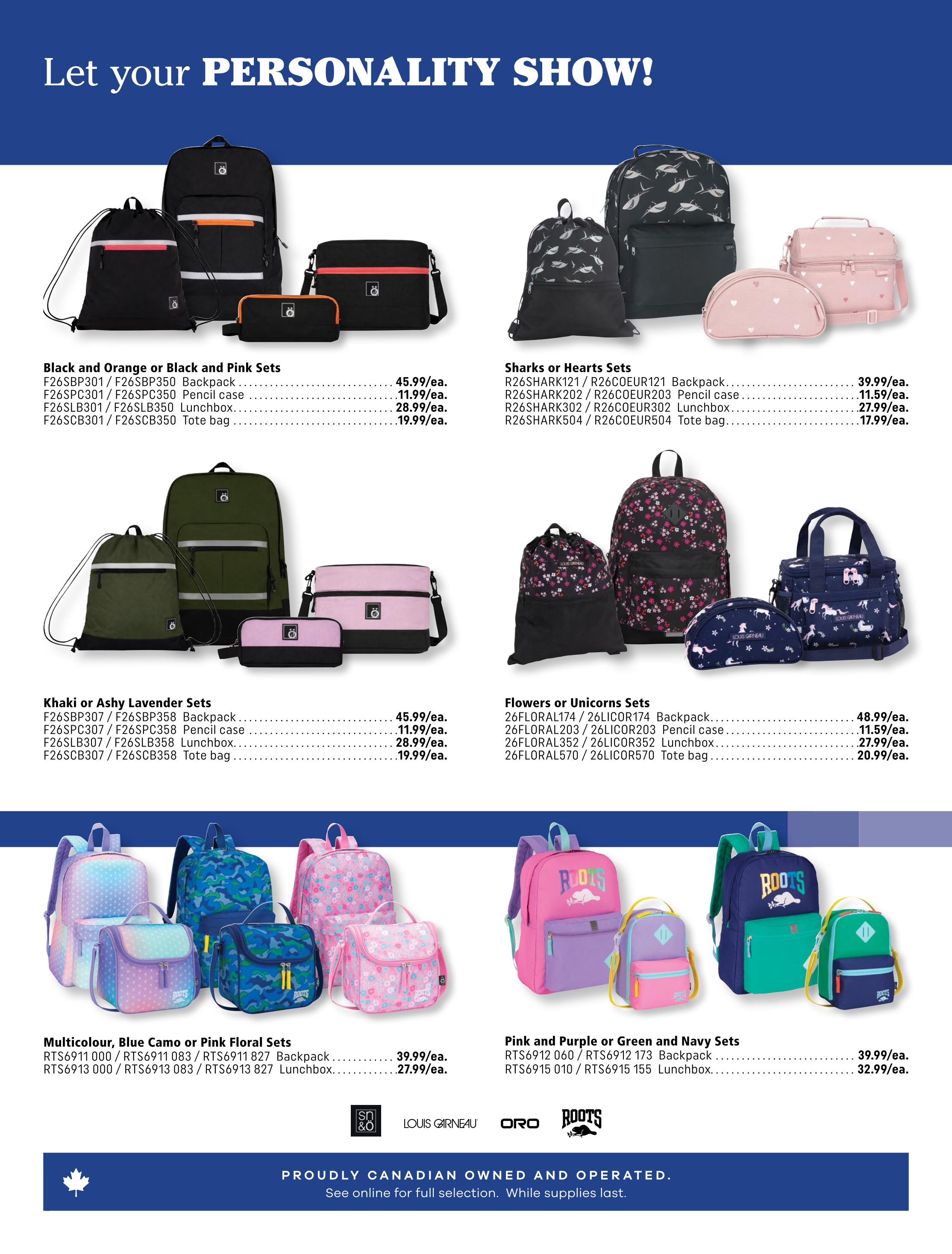 Covey Basics flyer page 6 features a collection of backpacks, pencil cases, lunchboxes, and tote bags. The Black and Orange or Black and Pink Sets include a backpack for $45.99, a pencil case for $11.99, a lunchbox for $28.99, and a tote bag for $19.99. The Sharks or Hearts Sets offer a backpack for $39.99, a pencil case for $11.59, a lunchbox for $27.99, and a tote bag for $17.99. The Khaki or Ashy Lavender Sets are priced similarly to the Black and Orange sets, with a backpack at $45.99, pencil case at $11.99, lunchbox at $28.99, and tote bag at $19.99. The Flowers or Unicorns Sets include a backpack for $48.99, a pencil case for $11.59, a lunchbox for $27.99, and a tote bag for $20.99. Additionally, there are Multicolour, Blue Camo or Pink Floral Sets with backpacks for $39.99 and lunchboxes for $27.99. The Pink and Purple or Green and Navy Sets feature backpacks for $39.99 and lunchboxes for $32.99. The page highlights 'Let your PERSONALITY SHOW!' with various designs suitable for school.