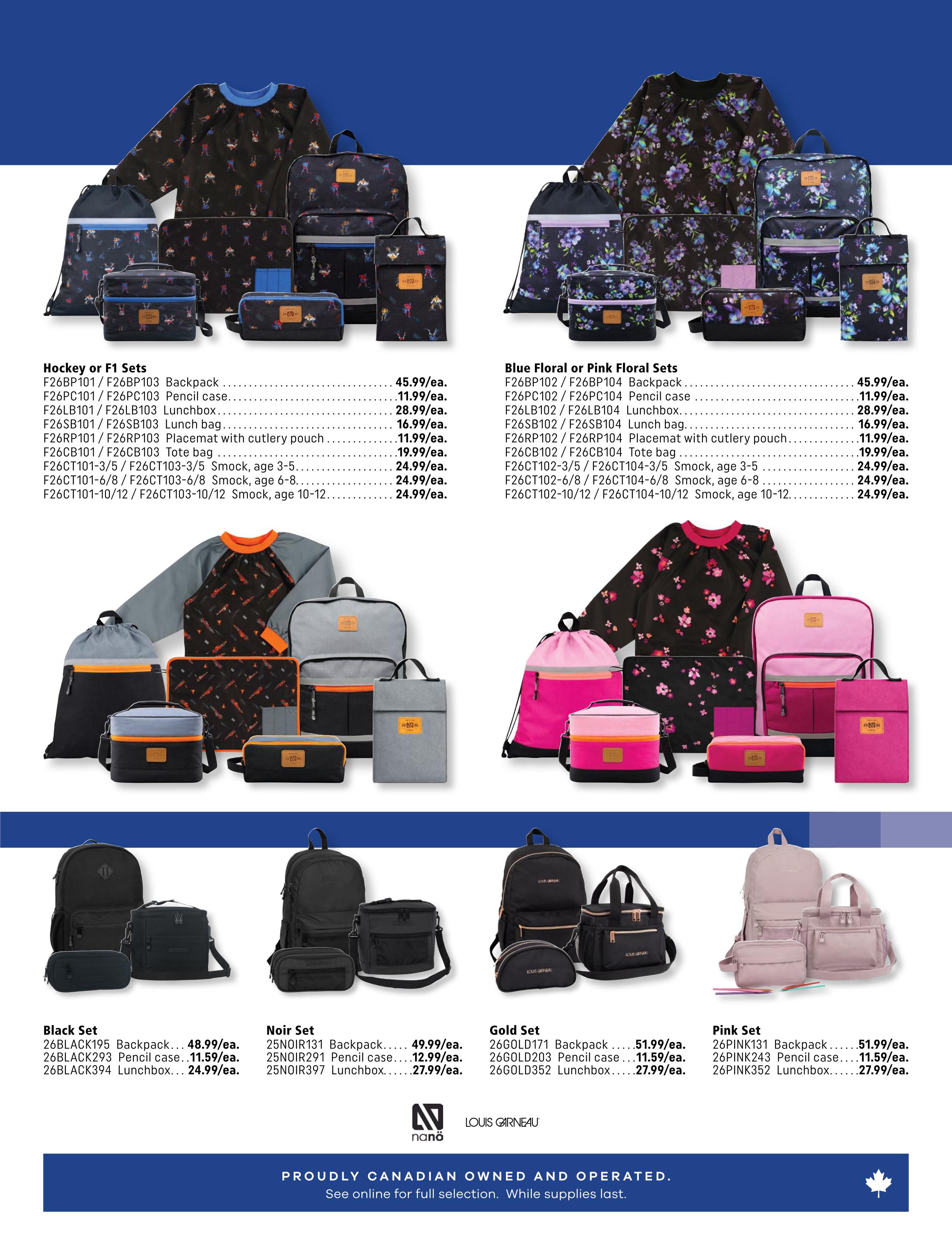 Covey Basics flyer page 7 features school and travel bags. Top left showcases Hockey or F1 Sets including a backpack for $45.99, pencil case for $11.99, lunchbox for $28.99, lunch bag for $16.99, placemat with cutlery pouch for $11.99, and a tote bag for $19.99. Smocks in sizes age 3-5, 6-8, and 10-12 are available for $24.99 each. Top right displays Blue Floral or Pink Floral Sets with similar items: backpack for $45.99, pencil case for $11.99, lunchbox for $28.99, lunch bag for $16.99, placemat with cutlery pouch for $11.99, and tote bag for $19.99. Smocks in sizes age 3-5, 6-8, and 10-12 are $24.99 each. The middle section shows a grey and orange set with a backpack, lunchbox, and pencil case. The bottom section features sets from Nana and Louis Garneau. The Black Set includes a backpack for $48.99, pencil case for $11.59, and lunchbox for $24.99. The Noir Set offers a backpack for $49.99, pencil case for $12.99, and lunchbox for $27.99. The Gold Set includes a backpack for $51.99, pencil case for $11.59, and lunchbox for $27.99. The Pink Set features a backpack for $51.99, pencil case for $11.59, and lunchbox for $27.99. The page also highlights that Covey Basics is proudly Canadian owned and operated.