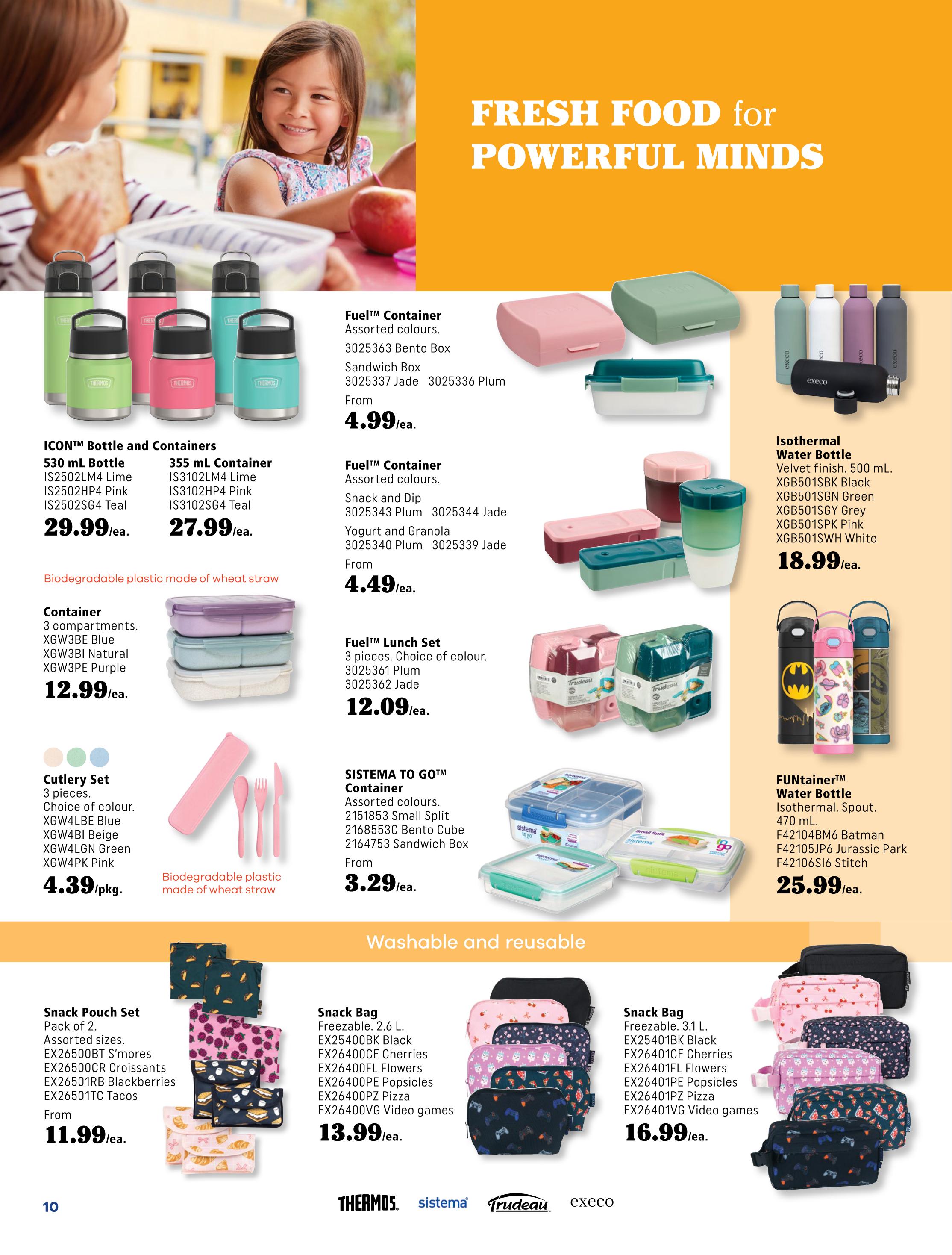 Covey Basics flyer page 10 featuring 'Fresh Food for Powerful Minds'. Products include ICON™ Bottles and Containers: 530 mL Bottle for $29.99 ea. and 355 mL Container for $27.99 ea., both made of biodegradable plastic. Also available are a 3-compartment Container for $12.99 ea. and a Cutlery Set (3 pieces) for $4.39 pkg. Fuel™ Containers are featured, with a Bento Box for $4.99 ea., and Snack and Dip or Yogurt and Granola containers from $4.49 ea. A Fuel™ Lunch Set (3 pieces) is $12.09 ea. Sistema to Go™ Containers are available from $3.29 ea. Isothermal Water Bottles with velvet finish (500 mL) are $18.99 ea. Funtainer™ Water Bottles (470 mL) with spout, including Batman, Jurassic Park, and Stitch designs, are $25.99 ea. The page also showcases Snack Pouch Sets (Pack of 2) from $11.99 ea., and Snack Bags in 2.6 L size for $13.99 ea. and 3.1 L size for $16.99 ea. Brands featured include Thermos, Sistema, Trudeau, and Exceco.
