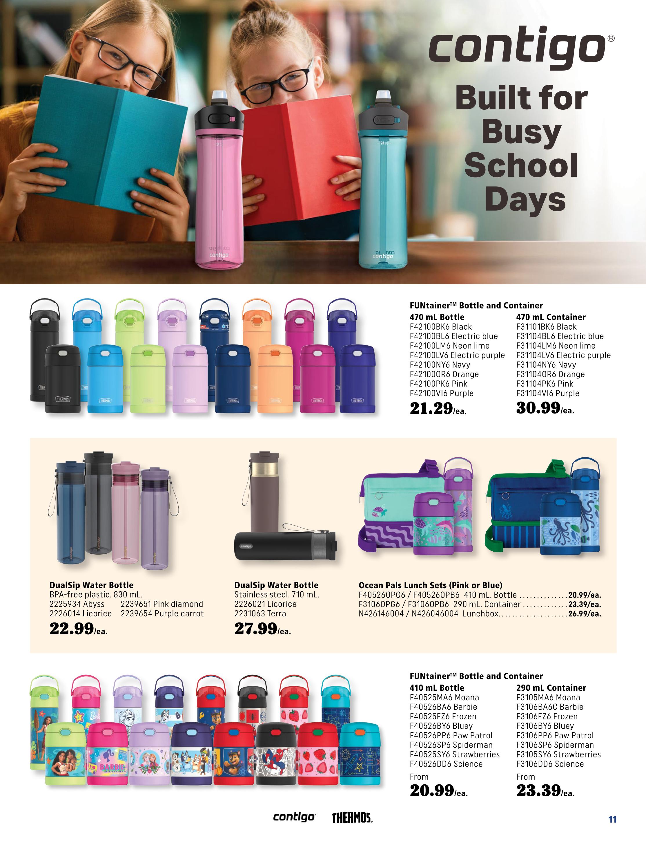 Page 11 of the Covey Basics flyer, featuring Contigo products built for busy school days. The top section showcases two girls with books and Contigo water bottles. Below, find various Contigo FUNtainer bottles and containers in multiple colours, including black, electric blue, neon lime, electric purple, navy, orange, pink, and purple, priced at $21.29 for the 470 mL bottle and $30.99 for the 470 mL container. Also displayed are DualSip Water Bottles: BPA-free plastic 830 mL bottles in pink diamond and licorice for $22.99, and stainless steel 710 mL bottles in licorice and terra for $27.99. The page also highlights Ocean Pals Lunch Sets with 410 mL bottles for $20.99, 290 mL containers for $23.39, and lunchboxes for $26.99. The bottom section features FUNtainer bottles and containers with popular characters like Moana, Barbie, Frozen, Bluey, Paw Patrol, Spiderman, and Strawberry designs, with 410 mL bottles starting from $20.99 and 290 mL containers starting from $23.39.