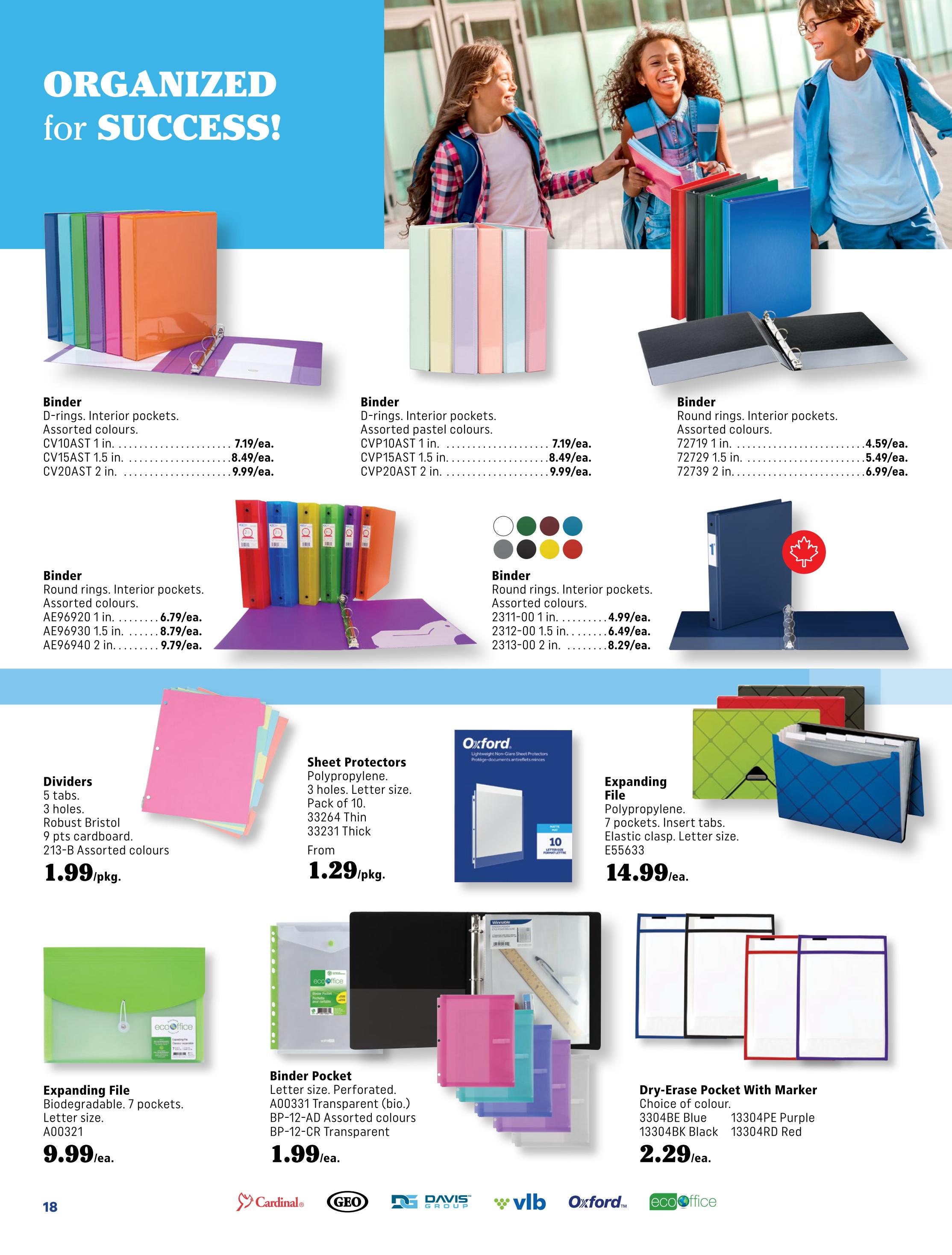 Covey Basics flyer page 18, featuring school organization supplies. Top section displays various binders: D-ring binders with interior pockets in assorted colours for $7.19/ea. (CV10AST 1 in.), $8.49/ea. (CV15AST 1.5 in.), and $9.99/ea. (CV20AST 2 in.). D-ring binders in pastel colours are also available for $7.19/ea. (CVP10AST 1 in.), $8.49/ea. (CVP15AST 1.5 in.), and $9.99/ea. (CVP20AST 2 in.). Round ring binders with interior pockets in assorted colours are priced at $4.59/ea. (72719 1 in.), $5.49/ea. (72729 1.5 in.), and $6.99/ea. (72739 2 in.). Another selection of round ring binders in assorted colours costs $4.99/ea. (2311-00 1 in.), $6.49/ea. (2312-00 1.5 in.), and $8.29/ea. (2313-00 2 in.). Middle section includes Dividers: 5 tabs, 3 holes, robust Bristol 9 pts cardboard, assorted colours for $1.99/pkg. Sheet Protectors, polypropylene, 3 holes, letter size, pack of 10, 33264 Thin and 33231 Thick, from $1.29/pkg. Expanding File, polypropylene, 7 pockets, insert tabs, elastic clasp, letter size, E55633 for $14.99/ea. Bottom section shows Expanding File, biodegradable, 7 pockets, letter size, A00321 for $9.99/ea. Binder Pocket, letter size, perforated, A00331 Transparent (bio.), BP-12-AD Assorted colours, BP-12-CR Transparent for $1.99/ea. Dry-Erase Pocket with Marker, choice of colour (3304BE Blue, 13304BK Black, 13304PE Purple, 13304RD Red) for $2.29/ea.