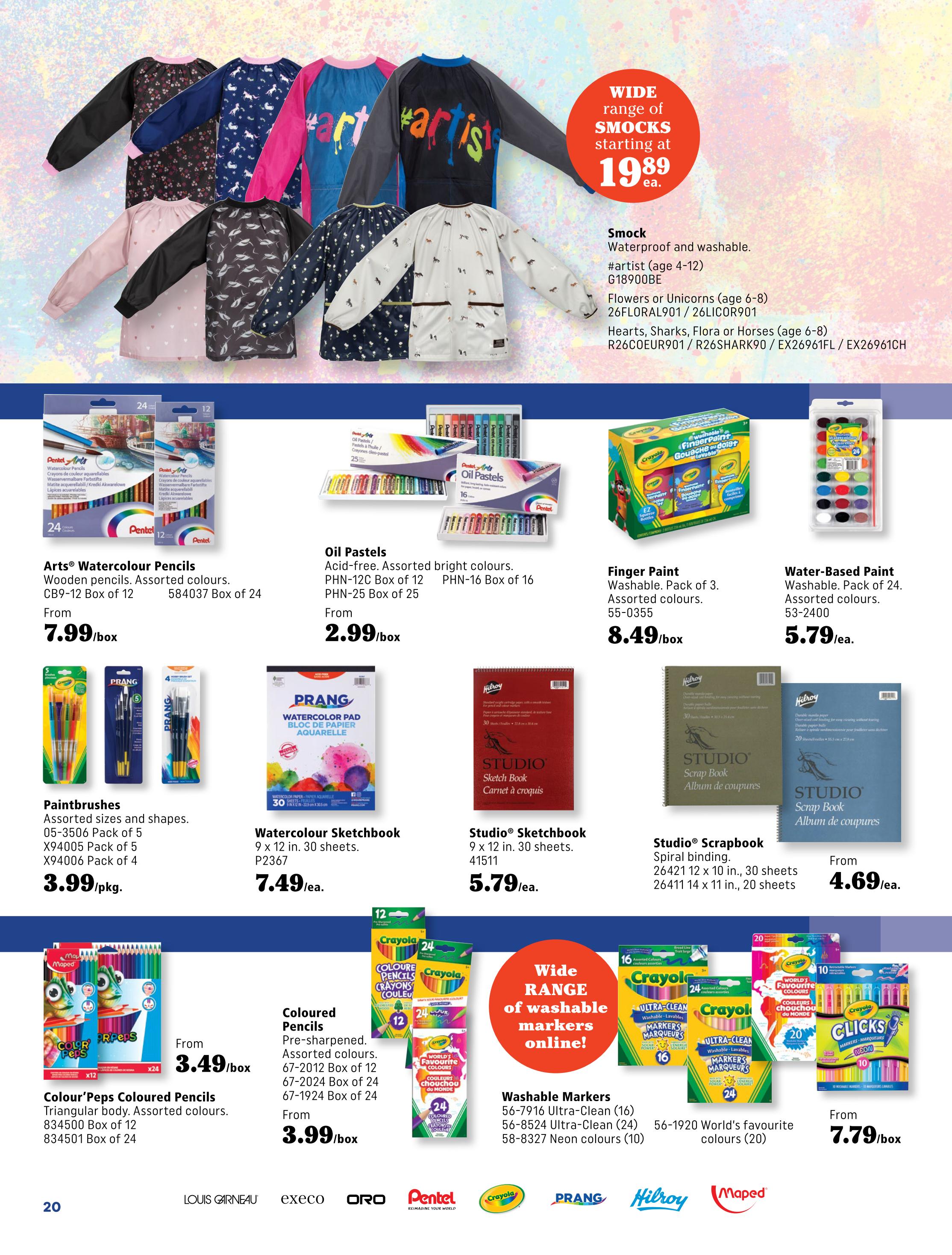 Covey Basics flyer page 20 features a wide range of school and art supplies. Top section showcases a variety of smocks for ages 4-12, starting at $19.89 each, available in designs like #artist, Flowers or Unicorns, and Hearts, Sharks, Flora or Horses. Below are art supplies including Arts® Watercolour Pencils starting from $7.99/box, Oil Pastels for $2.99/box, and Finger Paint for $8.49/box. Also featured are Paintbrushes for $3.99/pkg, Watercolour Sketchbooks for $7.49/ea, Studio® Sketchbooks for $5.79/ea, and Studio® Scrapbooks starting from $4.69/ea. The bottom section highlights Colour'Peps Coloured Pencils from $3.49/box and a wide range of washable markers, including Crayola Ultra-Clean markers and Clicks markers, with a selection of World's Favourite Colours (20) for $7.79/box.