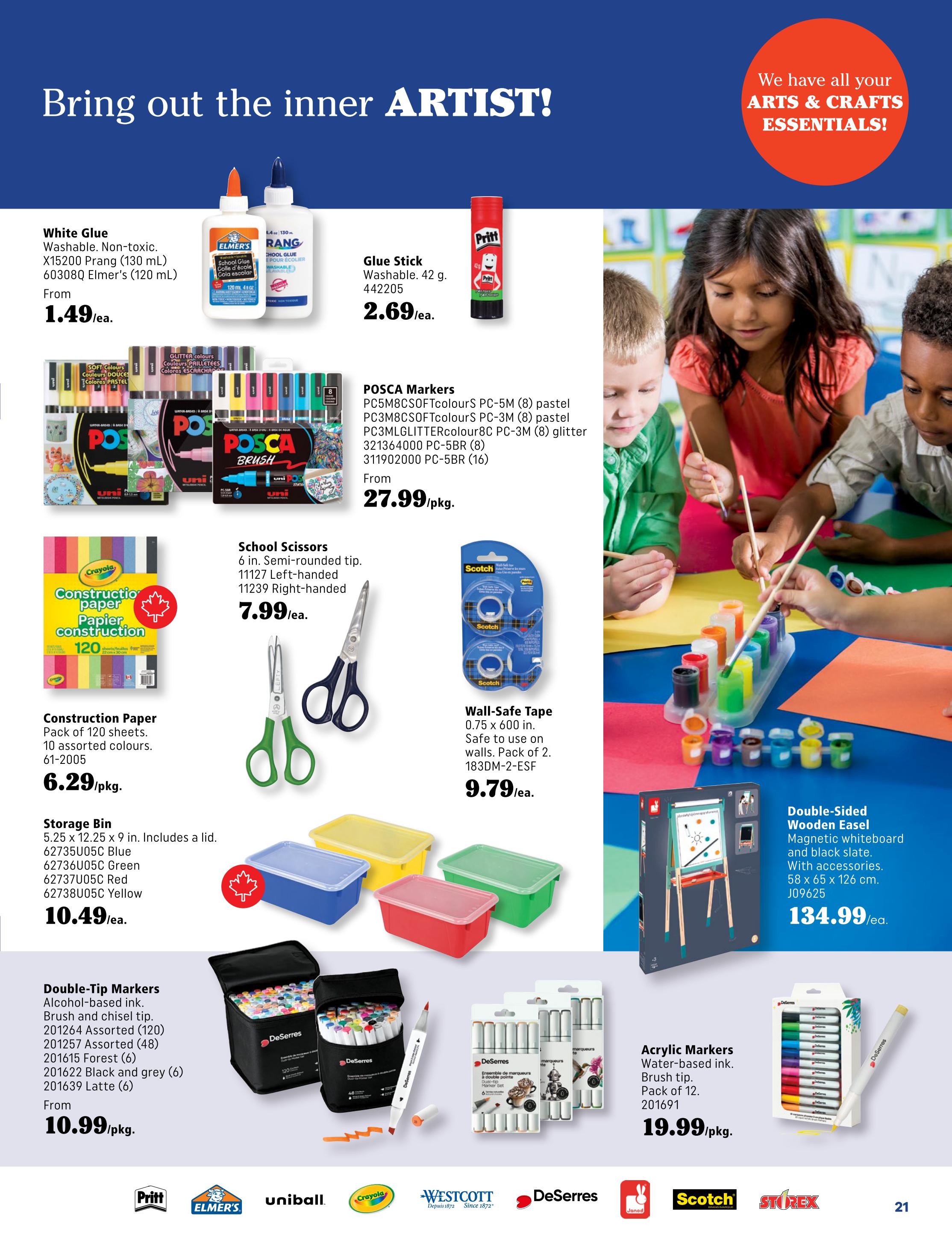 Covey Basics flyer, page 21, featuring a variety of arts and crafts supplies. Products include Elmer's Washable White Glue for $1.49/ea., Pritt Glue Stick for $2.69/ea., and POSCA Markers in various sets starting from $27.99/pkg. Also available are School Scissors for $7.99/ea., Scotch Wall-Safe Tape for $9.79/ea., Crayola Construction Paper (120 sheets) for $6.29/pkg., and assorted Storage Bins for $10.49/ea. Additionally, find Double-Tip Markers from $10.99/pkg., Acrylic Markers (Pack of 12) for $19.99/pkg., and a Double-Sided Wooden Easel with accessories for $134.99/ea. The page highlights 'Bring out the inner ARTIST!' and 'We have all your ARTS & CRAFTS ESSENTIALS!