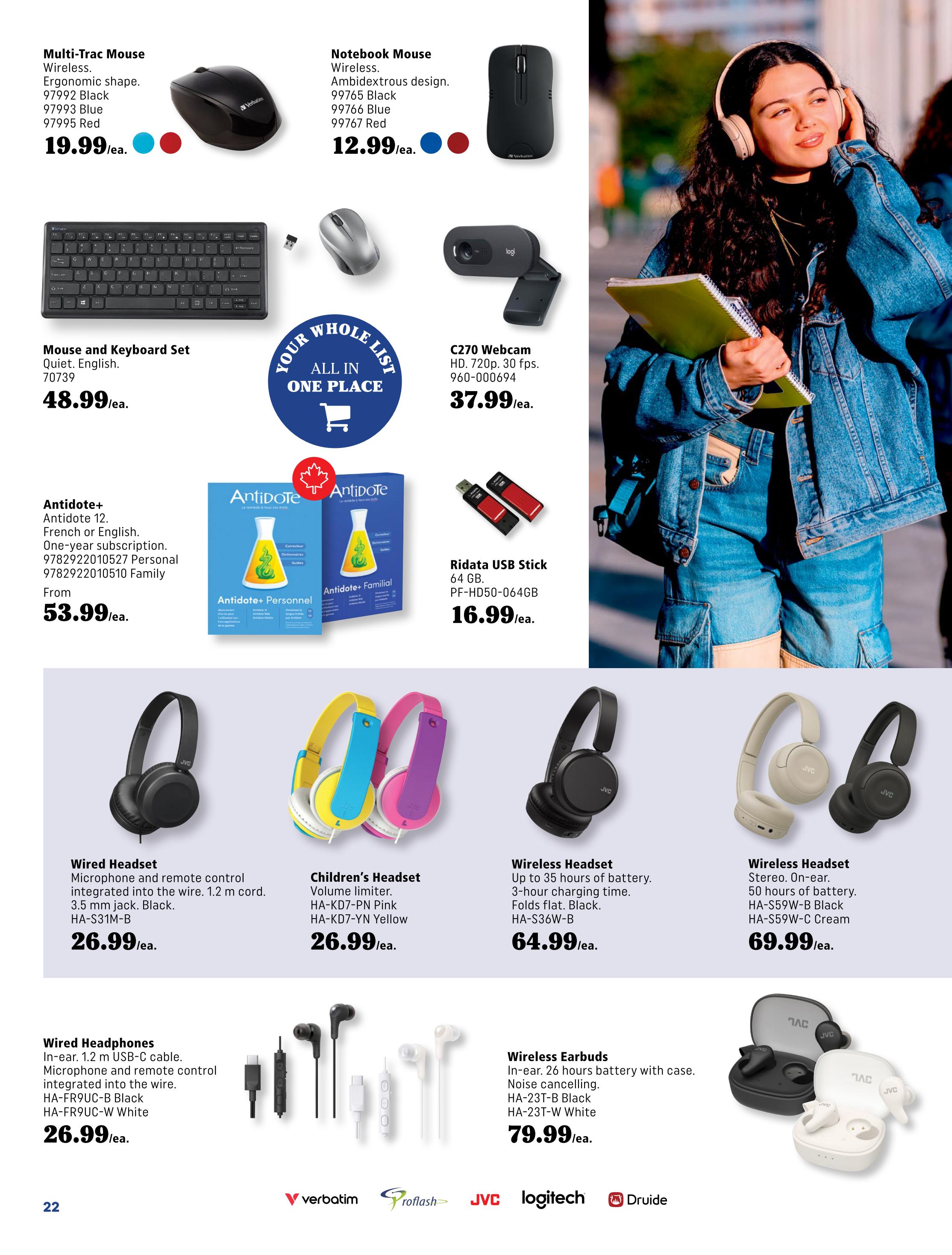 Covey Basics flyer page 22 features electronics for school. Items include a Multi-Trac Mouse for $19.99, a Notebook Mouse for $12.99, and a Mouse and Keyboard Set for $48.99. Also available is a C270 Webcam for $37.99. Antidote+ subscriptions are from $53.99. Headsets include a Wired Headset for $26.99, Children's Headsets in pink and yellow for $26.99, and Wireless Headsets for $64.99 and $69.99. Wired Headphones are $26.99, and Wireless Earbuds are $79.99. Brands featured include Verbatim, Proflash, JVC, Logitech, and Druide.