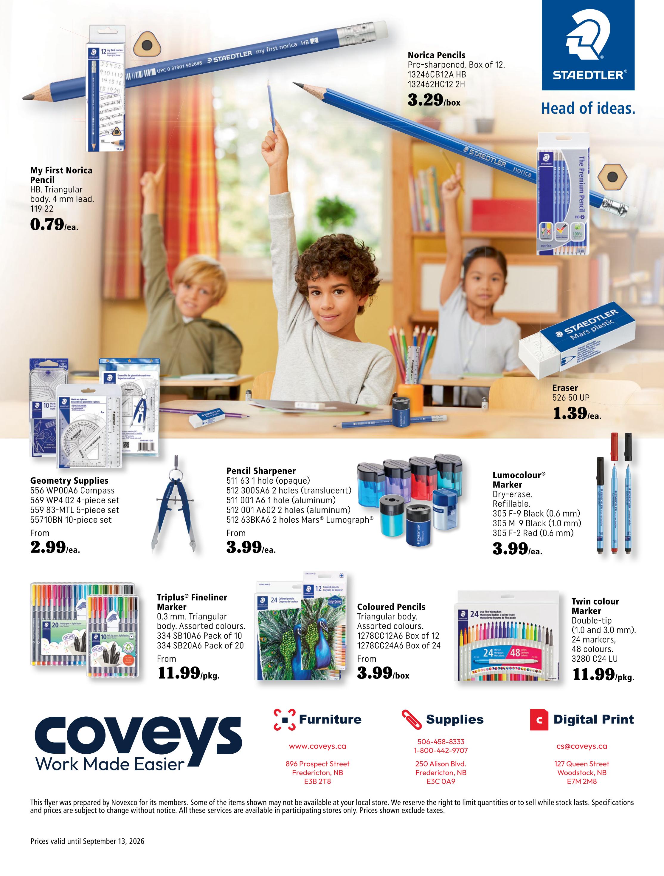 Covey Basics flyer, page 23, featuring back-to-school supplies. Products include My First Norica Pencils for $0.79 each, Norica Pencils pre-sharpened box of 12 for $3.29, Geometry Supplies starting at $2.99, Pencil Sharpeners from $3.99, Triplus Fineliner Markers from $11.99/pkg, Lumocolour Markers for $3.99, Coloured Pencils Box of 12 for $3.99, and Twin Colour Markers for $11.99/pkg. The flyer also shows contact information for Furniture and Digital Print services. Prices are valid until September 13, 2026.