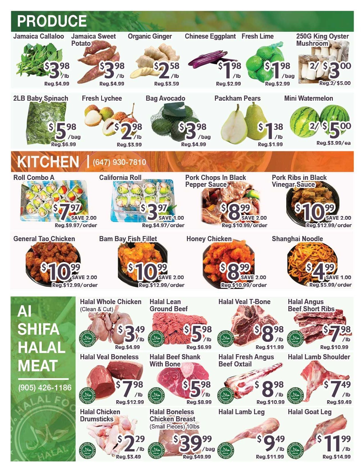 Page 3 of the Blue Sky Supermarket flyer features Produce and Kitchen specials. In the Produce section, find Jamaica Callaloo for $3.98/lb (reg. $4.99), Jamaica Sweet Potato for $3.98/lb (reg. $4.99), Organic Ginger for $2.58/lb (reg. $3.59), Chinese Eggplant for $1.98/lb (reg. $2.99), Fresh Lime for $1.98/bag (reg. $2.99), and 250G King Oyster Mushroom for 2 for $3.00 (reg. $5.00). Also available are 2LB Baby Spinach for $5.98/bag (reg. $6.99), Fresh Lychee for $2.98/lb (reg. $3.99), Bag Avocado for $3.98/bag (reg. $4.99), Packham Pears for $1.38/lb (reg. $1.99), and Mini Watermelon for 2 for $5.99 (reg. $3.99/ea). The Kitchen section includes Roll Combo A for $7.97/order (save $2.00, reg. $9.97), California Roll for $3.97/order (save $1.00, reg. $4.97), Pork Chops in Black Pepper Sauce for $8.99/order (save $2.00, reg. $10.99), Pork Ribs in Black Vinegar Sauce for $10.99/order (save $2.00, reg. $12.99), General Tao Chicken for $10.99/order (save $2.00, reg. $12.99), Bam Bay Fish Fillet for $10.99/order (save $2.00, reg. $12.99), Honey Chicken for $8.99/order (save $2.00, reg. $10.99), and Shanghai Noodle for $4.99/order (save $1.00, reg. $5.99). The Halal Meat section, with phone number (905) 426-1186, offers Halal Whole Chicken (Clean & Cut) for $3.49/lb (reg. $4.99), Halal Lean Ground Beef for $5.98/lb (reg. $6.99), Halal Veal Boneless for $7.98/lb (reg. $12.99), Halal Beef Shank with Bone for $5.98/lb (reg. $8.99), Halal Veal T-Bone for $8.98/lb (reg. $11.99), Halal Angus Beef Short Ribs for $7.98/lb (reg. $10.99), Halal Fresh Angus Beef Oxtail for $8.98/lb (reg. $10.99), Halal Lamb Shoulder for $7.49/lb (reg. $9.49), Halal Chicken Drumsticks for $2.29/lb (reg. $3.49), Halal Boneless Chicken Breast (Small Pieces) 10lbs for $39.99/bag (reg. $49.99), Halal Lamb Leg for $9.49/lb (reg. $11.99), and Halal Goat Leg for $11.99/lb (reg. $14.99).