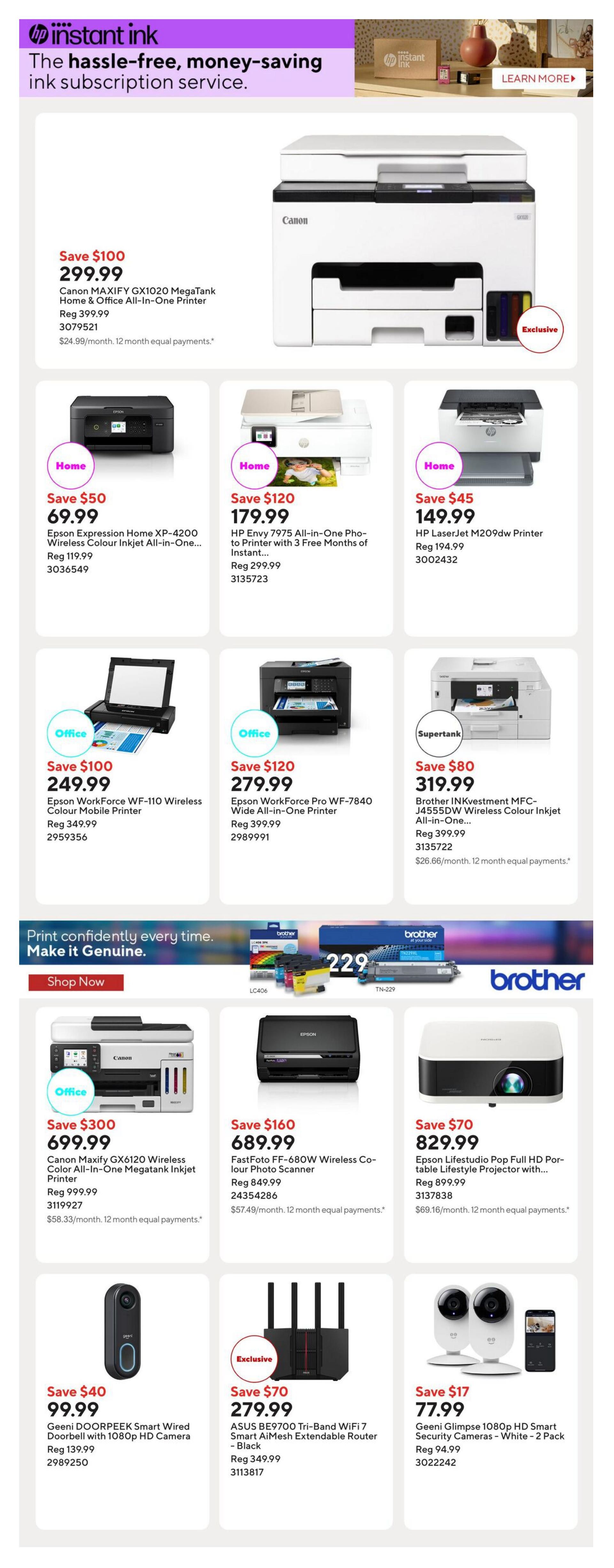 Staples Weekly Flyer Specials Page 9 features a variety of printers, networking equipment, and smart home devices. The top section highlights the HP Instant Ink subscription service. Featured printers include the Canon MAXIFY GX1020 MegaTank Home & Office All-In-One Printer on sale for $299.99 (save $100), the Epson Expression Home XP-4200 Wireless Colour Inkjet All-in-One Printer for $69.99 (save $50), the HP Envy 7975 All-in-One Photo-to-Printer with 3 Free Months of Instant Ink for $179.99 (save $120), and the HP LaserJet M209dw Printer for $149.99 (save $45). Also available are the Epson WorkForce WF-110 Wireless Colour Mobile Printer for $249.99 (save $100), the Epson WorkForce Pro WF-7840 Wide All-in-One Printer for $279.99 (save $120), and the Brother INKvestment MFC-J4555DW Wireless Colour Inkjet All-in-One Printer for $319.99 (save $80). The middle section promotes Brother genuine ink and printers. Below, the Canon MAXIFY GX6120 Wireless Colour All-in-One Megatank Inkjet Printer is on sale for $699.99 (save $300). Other deals include the FastFoto FF-680W Wireless Colour Photo Scanner for $689.99 (save $160), the Epson Lifestudio Pop Full HD Portable Lifestyle Projector for $829.99 (save $70), the Geeni DOORPEEK Smart Wired Doorbell with 1080p HD Camera for $99.99 (save $40), the ASUS BE9700 Tri-Band WiFi 7 Smart AiMesh Extendable Router - Black for $279.99 (save $70), and the Geeni Glimpse 1080p HD Smart Security Cameras - White (2 Pack) for $77.99 (save $17).