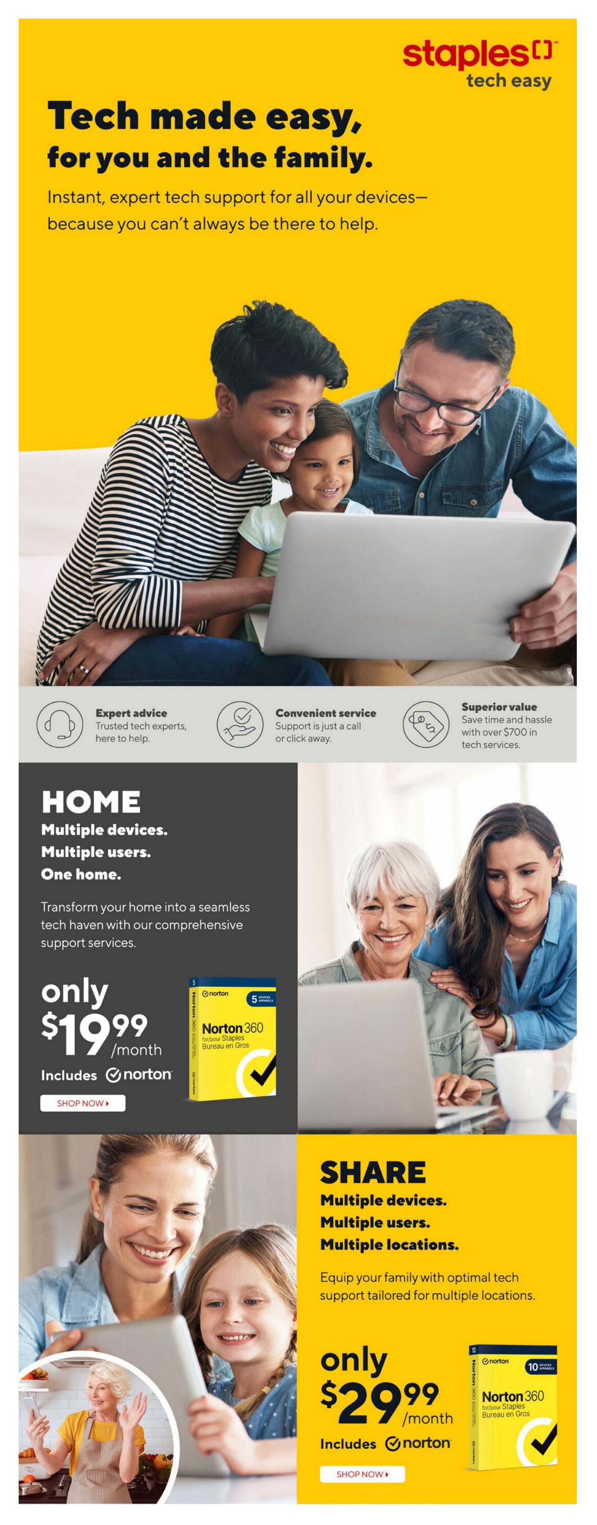 Staples Tech Easy flyer page featuring tech support solutions for families. The top section highlights 'Tech made easy, for you and the family' with instant, expert tech support for all devices. It offers expert advice, convenient service via call or click, and superior value with over $700 in tech services. The 'HOME' section offers comprehensive support services for multiple devices, users, and one home for only $19.99/month, including Norton 360 for 5 devices. The 'SHARE' section provides tech support tailored for multiple devices, users, and locations for only $29.99/month, including Norton 360 for 10 devices. Both Norton 360 packages are for Staples, Bureau en Gros.
