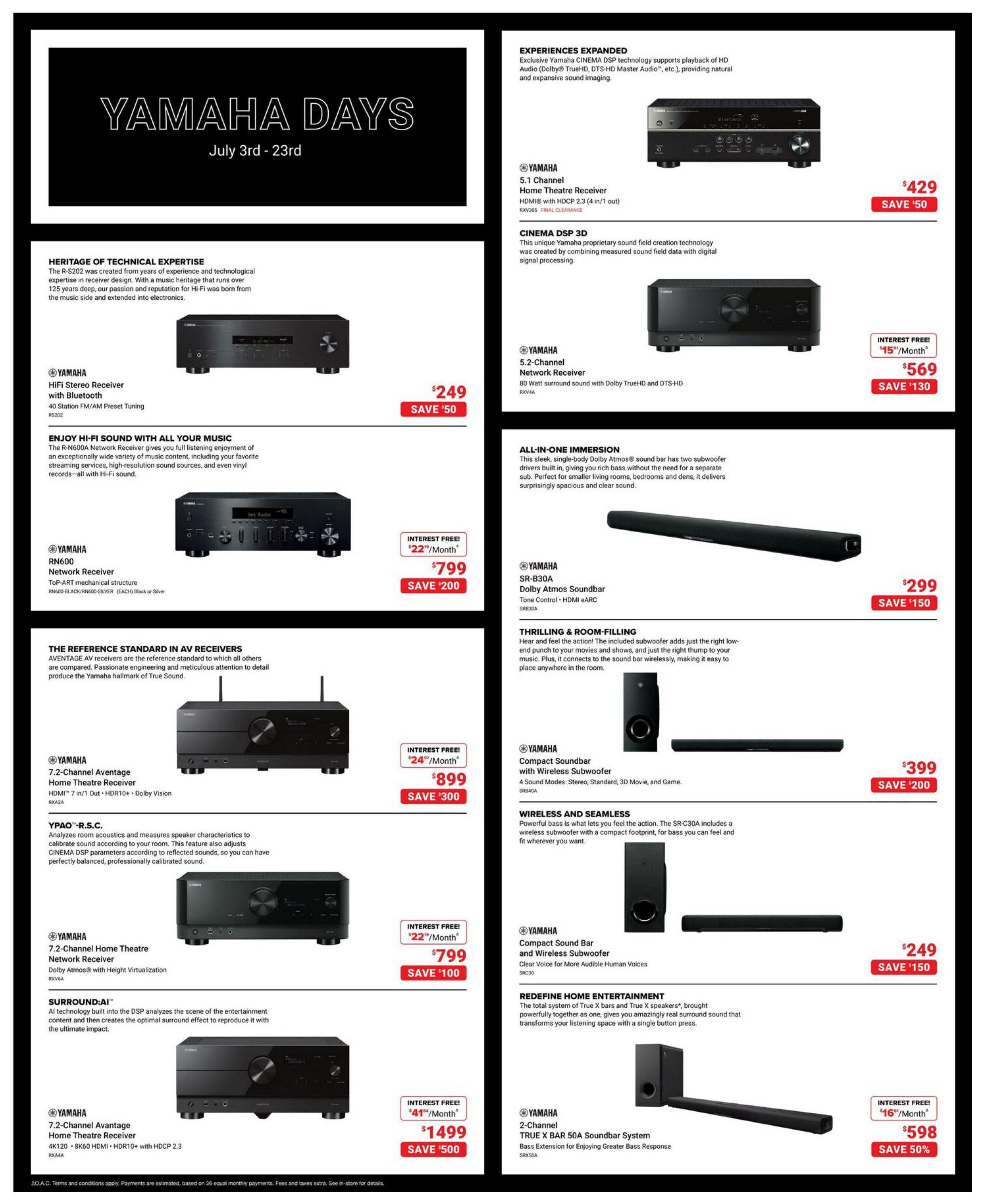 Visions Electronics Yamaha Days flyer page 5 features a variety of Yamaha audio equipment. Top left, the Yamaha HiFi Stereo Receiver with Bluetooth (RS202) is on sale for $249, saving $50. The Yamaha RN600 Network Receiver is priced at $799 with a $200 saving. On the right side, the Yamaha 5.1 Channel Home Theatre Receiver (RXV385) is $429 with a $50 saving. The Yamaha 5.2-Channel Network Receiver (RXV4A) is available for $569 with interest-free payments of $15/month and a $130 saving. The Yamaha SR-B30A Dolby Atmos Soundbar is $299 with a $150 saving. The Yamaha Compact Soundbar with Wireless Subwoofer (SRB40A) is $399 with a $200 saving. The Yamaha 7.2-Channel Aventage Home Theatre Receiver (RXA2A) is $899 with interest-free payments of $24/month and a $300 saving. Another Yamaha 7.2-Channel Home Theatre Network Receiver (RXV6A) is $799 with interest-free payments of $22/month and a $100 saving. Finally, the Yamaha 7.2-Channel Aventage Home Theatre Receiver (RXA4A) is $1499 with interest-free payments of $41/month and a $500 saving. The Yamaha 2-Channel TRUE X BAR 50A Soundbar System (SRX50A) is $598 with a 50% saving.