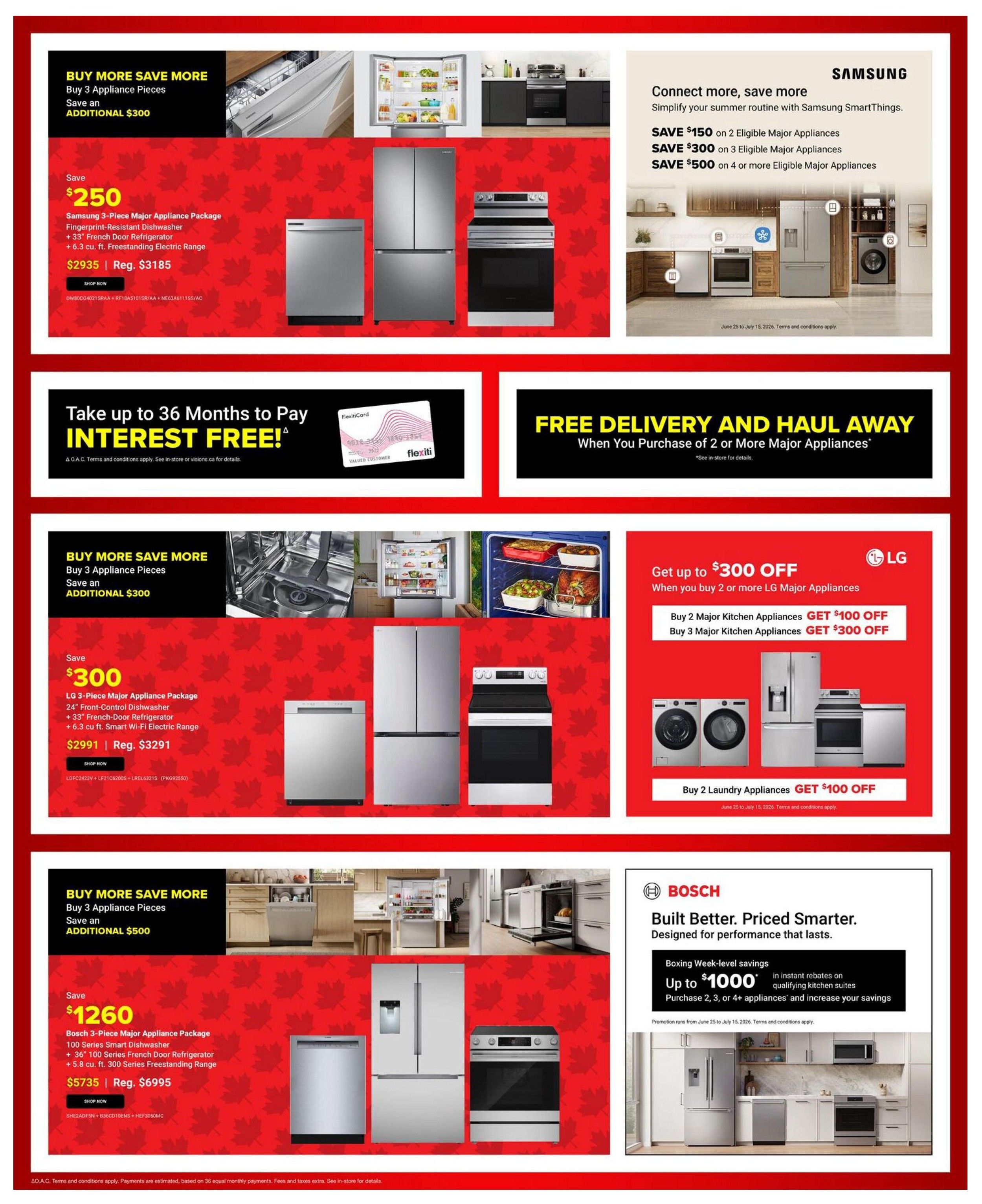 Visions Electronics weekly flyer specials, page 6. Features 'Buy More Save More' deals on major appliance packages. Save an additional $300 on Samsung 3-piece appliance packages, including a fingerprint-resistant dishwasher, 33' French door refrigerator, and 6.3 cu. ft. freestanding electric range, priced at $2935 (regularly $3185). Samsung also offers savings of $150 on 2 eligible major appliances, $300 on 3, and $500 on 4 or more. Take advantage of 36 months interest-free financing with Flexiti. Free delivery and haul away on purchases of 2 or more major appliances. LG offers up to $300 off when you buy 2 or more LG major appliances, with $100 off 2 major kitchen appliances and $300 off 3 major kitchen appliances. Buy 2 laundry appliances and get $100 off. Bosch features 'Boxing Week-level savings' with up to $1000 in instant rebates on qualifying kitchen suites when purchasing 2, 3, or 4+ appliances. A Bosch 3-piece major appliance package is available for $5735 (regularly $6995), including a smart dishwasher, 36' 100 Series French door refrigerator, and 5.8 cu. ft. Series freestanding range.