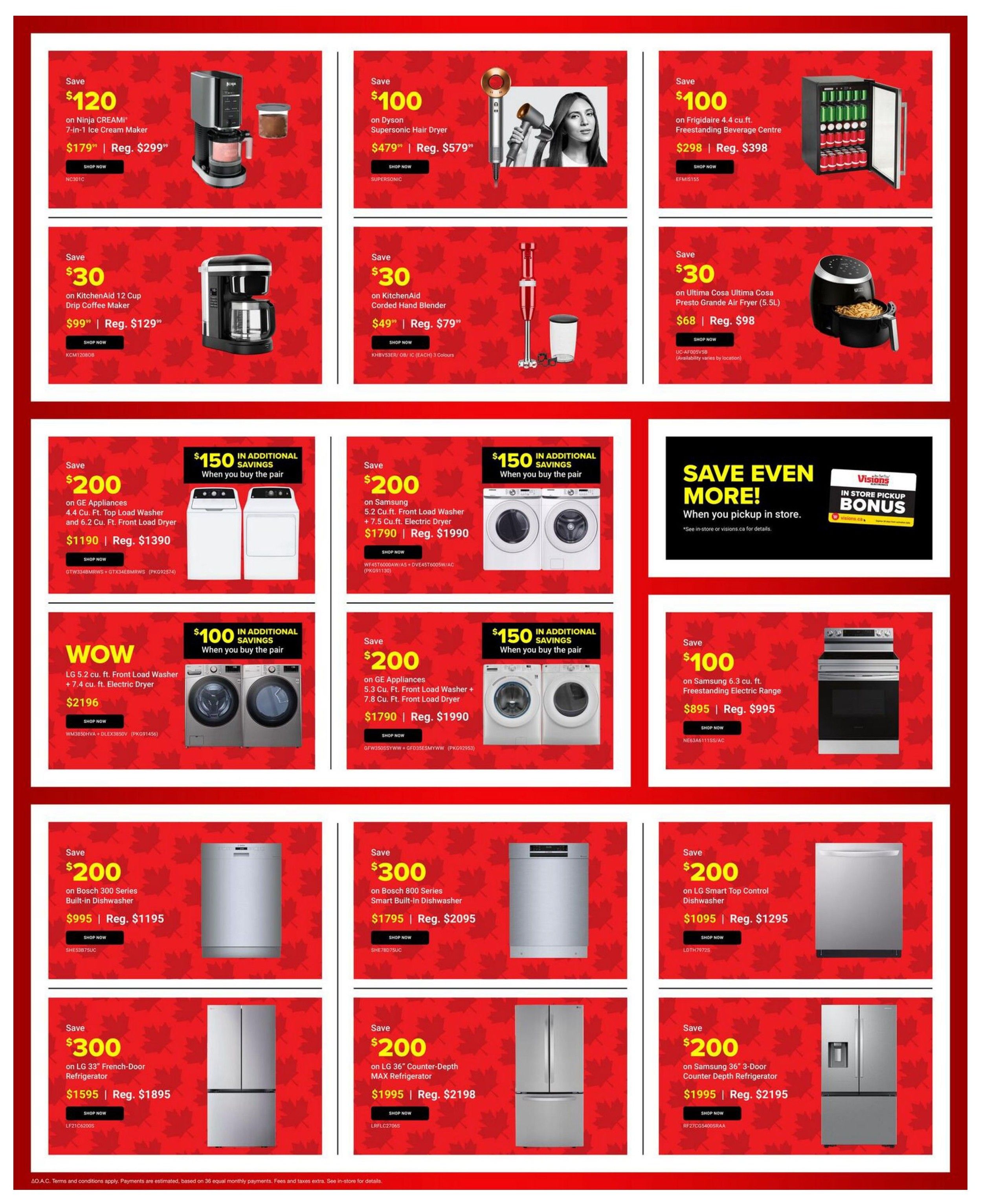 Visions Electronics weekly flyer specials page 7 features a variety of home appliances and electronics. Save $120 on the Ninja CREAMi 7-in-1 Ice Cream Maker for $179, regularly $299. Save $100 on the Dyson Supersonic Hair Dryer for $479, regularly $579. Save $100 on the Frigidaire 4.4 cu. ft. Freestanding Beverage Centre for $298, regularly $398. Save $30 on the KitchenAid 12 Cup Drip Coffee Maker for $99, regularly $129. Save $30 on the KitchenAid Corded Hand Blender for $49, regularly $79. Save $30 on the Ultima Cosa Presto Grande Air Fryer (5.5L) for $68, regularly $98. Save $200 on GE Appliances 4.4 cu. ft. Top Load Washer and 6.2 cu. ft. Front Load Dryer pair for $1190, regularly $1390. Save $200 on Samsung 5.2 cu. ft. Front Load Washer + 7.5 cu. ft. Electric Dryer pair for $1790, regularly $1990. Save $200 on GE Appliances 5.3 cu. ft. Front Load Washer + 7.8 cu. ft. Front Load Dryer pair for $1790, regularly $1990. WOW! Save $100 on the LG 5.2 cu. ft. Front Load Washer + 7.4 cu. ft. Electric Dryer pair for $2196. Save $100 on Samsung 6.3 cu. ft. Freestanding Electric Range for $895, regularly $995. Save $200 on Bosch 300 Series Built-in Dishwasher for $995, regularly $1195. Save $300 on Bosch 800 Series Smart Built-in Dishwasher for $1795, regularly $2095. Save $200 on LG Smart Top Control Dishwasher for $1095, regularly $1295. Save $300 on LG 33' French-Door Refrigerator for $1595, regularly $1895. Save $200 on LG 36' Counter-Depth MAX Refrigerator for $1995, regularly $2198. Save $200 on Samsung 36' 3-Door Counter Depth Refrigerator for $1995, regularly $2195. Also features a 'Save Even More! When you pickup in store' message with a Visions Electronics In Store Pickup Bonus.