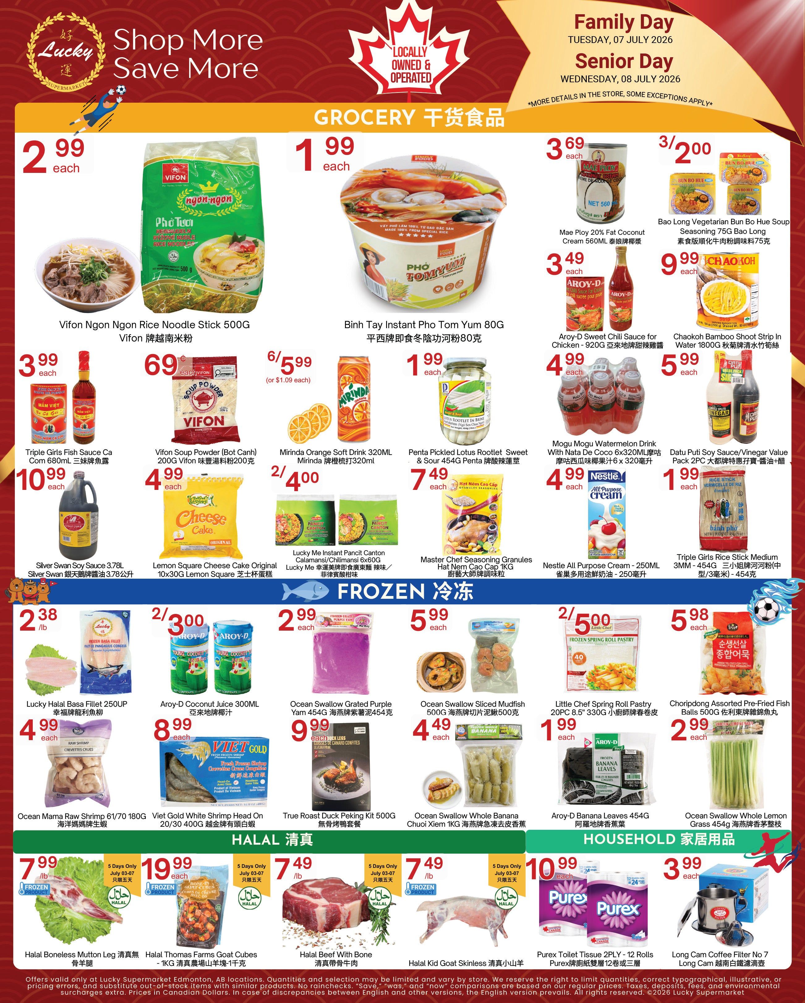 Lucky Supermarket weekly flyer specials for Edmonton, page 2. Featured grocery items include Vifon Ngon Ngon Rice Noodle Stick 500G for $2.99, Binh Tay Instant Pho Tom Yum 80G for $1.99, Mae Ploy 20% Fat Coconut Cream 560ML for $3.69, Bao Long Vegetarian Bun Bo Hue Soup seasoning 75G for $3/200, Chaokoh Bamboo Shoot Strip in Water 1800G for $9.99, and Triple Girls Fish Sauce 680ML for $3.99. Also available are Vifon Soup Powder (Bot Canh) 200G for $0.69, Mirinda Orange Soft Drink 320ML for $6/599 (or $1.09 each), Penta Pickled Lotus Rootlet Sweet & Sour 454G for $7.49, Mogu Mogu Watermelon Drink with Nata De Coco 6x320ML for $4.99, and Datu Puti Soy Sauce/Vinegar Value Pack 2PC for $1.99. Frozen items include Lucky Halal Base Fillet 250UP for $2.38/lb, Ocean Mama Raw Shrimp 61/70 180G for $4.99, Arroy-D Coconut Juice 300ML for $8.99, Viet Gold White Shrimp Head On 20/30 400G for $9.99, Ocean Swallow Grated Purple Yam 454G for $9.99, Ocean Swallow Sliced Mudfish 500G for $4.49, Ocean Swallow Whole Banana Chúối Xiêm 1KG for $1.99, Aroy-D Banana Leaves 454G for $4.99, Ocean Swallow Whole Lemon Grass 454G for $2.99, Little Chef Spring Roll Pastry 20PC 8.5' 330G for $1.99, and Choripdong Assorted Pre-fried Fish Balls 500G for $2.99. Halal section features Halal Boneless Mutton Leg for $7.99/lb, Halal Thomas Farms Goat Cubes - 1KG for $19.99, and Halal Beef With Bone for $7.49/lb. Household items include Purex Toilet Tissue 2PLY - 12 Rolls for $10.99 and Long Cam Coffee Filter No 7 for $3.99.