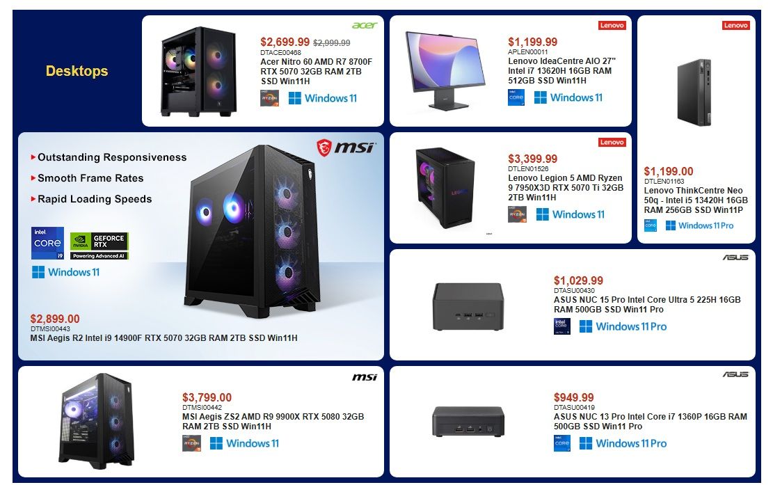 Canada Computers weekly flyer specials page 2 features a variety of desktop computers. Top row includes an Acer Nitro 60 AMD Ryzen 7 8700F RTX 5070 with 32GB RAM and 2TB SSD for $2,699.99, and a Lenovo IdeaCentre AIO 27' with Intel i7 13620H, 16GB RAM, and 512GB SSD for $1,199.99. Middle row showcases a Lenovo Legion 5 with AMD Ryzen 9 7950X3D, RTX 5070 Ti, 32GB RAM, and 2TB SSD for $3,399.99, and a Lenovo ThinkCentre Neo 50q with Intel i5 13420H, 16GB RAM, and 256GB SSD for $1,199.00. Also featured is an MSI Aegis R2 Intel i9 14900F RTX 5070 with 32GB RAM and 2TB SSD for $2,899.00. Bottom row displays an MSI Aegis ZS2 AMD R9 9900X RTX 5080 with 32GB RAM and 2TB SSD for $3,799.00, an ASUS NUC 15 Pro Intel Core Ultra 5 225H with 16GB RAM and 500GB SSD for $1,029.99, and an ASUS NUC 13 Pro Intel Core i7 1360P with 16GB RAM and 500GB SSD for $949.99. All systems run on Windows 11 or Windows 11 Pro.