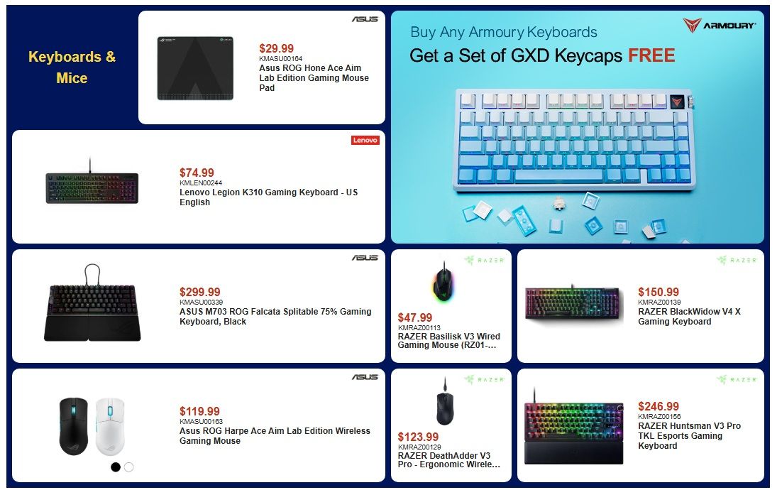 Canada Computers weekly flyer specials page 4 features keyboards and mice. Top left: Asus ROG Hone Ace Aim Lab Edition Gaming Mouse Pad for $29.99. Below that, a Lenovo Legion K310 Gaming Keyboard - US English for $74.99. Bottom left: Asus M703 ROG Falcata Splitable 75% Gaming Keyboard, Black for $299.99. Bottom middle: Asus ROG Harpe Ace Aim Lab Edition Wireless Gaming Mouse for $119.99. Top right: Buy any Armoury keyboards and get a set of GXD keycaps free, featuring a white and blue mechanical keyboard. Middle right: RAZER BlackWidow V4 X Gaming Keyboard for $150.99. Bottom right: RAZER Huntsman V3 Pro TKL Esports Gaming Keyboard for $246.99. Middle bottom: RAZER Basilisk V3 Wired Gaming Mouse (RZ01-...) for $47.99.