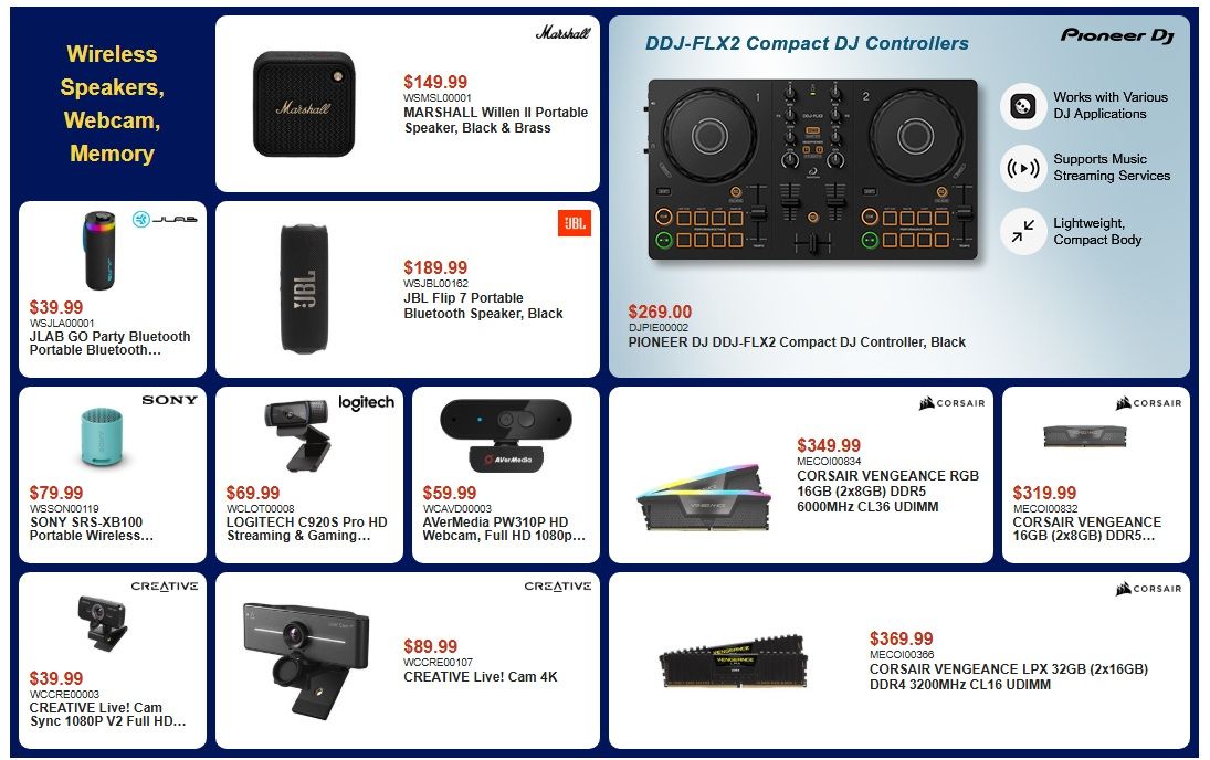 Canada Computers Weekly Flyer Specials, Page 6. Featured items include: MARSHALL Willen II Portable Speaker in Black & Brass for $149.99, JBL Flip 7 Portable Bluetooth Speaker in Black for $189.99, JLAB GO Party Bluetooth Portable Speaker for $39.99. Also available are the SONY SRS-XB100 Portable Wireless Speaker for $79.99, LOGITECH C920S Pro HD Streaming & Gaming Webcam for $69.99, and AVerMedia PW310P HD Webcam, Full HD 1080p for $59.99. The CREATIVE Live! Cam Sync 1080p V2 Full HD Webcam is $39.99, and the CREATIVE Live! Cam 4K is $89.99. For DJ equipment, the PIONEER DJ DDJ-FLX2 Compact DJ Controller in Black is $269.00. Computer memory includes CORSAIR VENGEANCE RGB 16GB (2x8GB) DDR5 6000MHz CL36 UDIMM for $349.99, CORSAIR VENGEANCE 16GB (2x8GB) DDR5... for $319.99, and CORSAIR VENGEANCE LPX 32GB (2x16GB) DDR4 3200MHz CL16 UDIMM for $369.99.