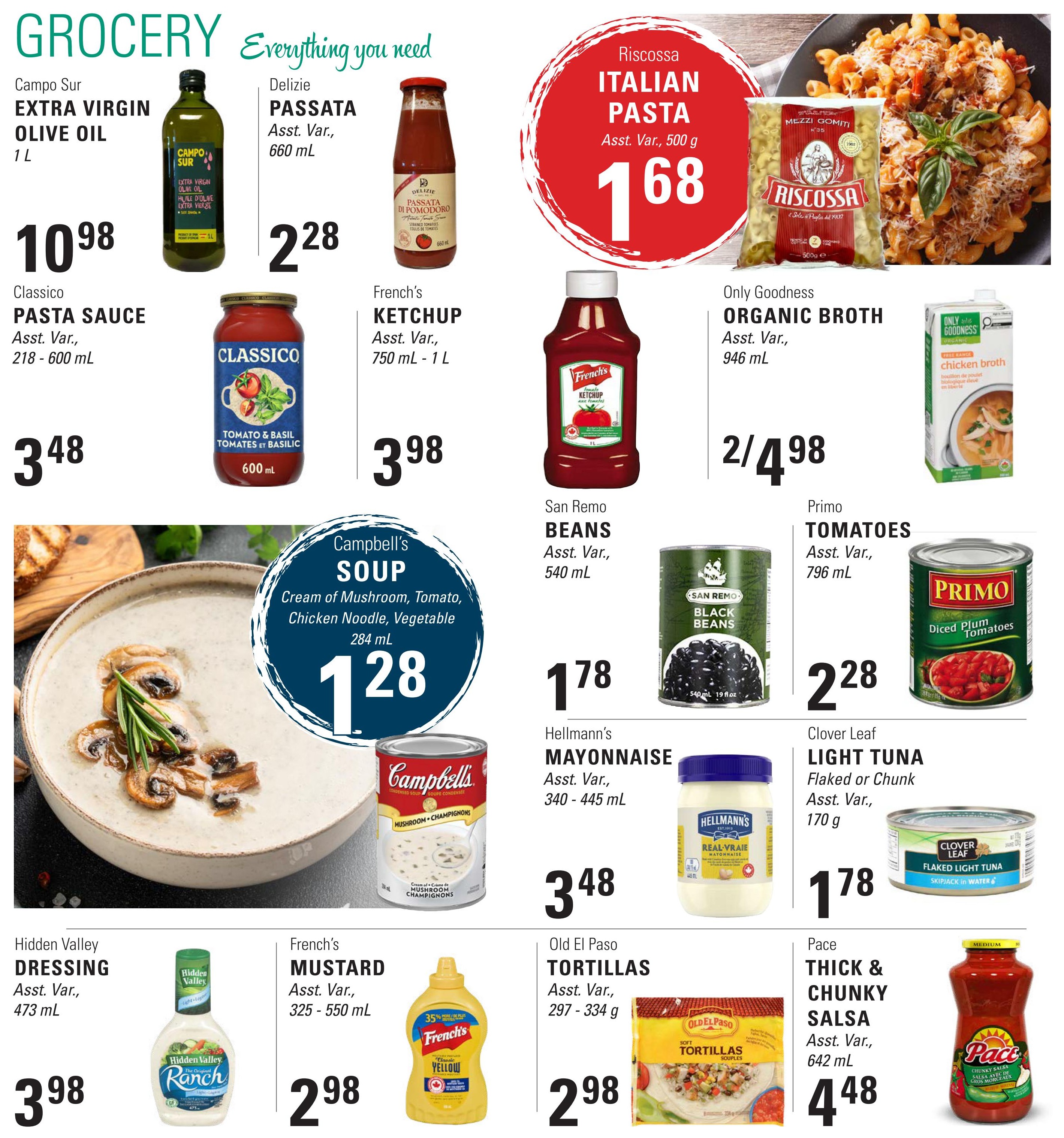 Askew's Foods grocery flyer page 2 featuring a variety of pantry staples. Campo Sur Extra Virgin Olive Oil is $10.98 for 1 L. Classico Pasta Sauce is $3.48 for 218-600 mL. Delizie Passata is $2.28 for 660 mL. Riscossa Italian Pasta is $1.68 for 500 g. French's Ketchup is $3.98 for 750 mL - 1 L. San Remo Black Beans are $1.78 for 540 mL. Only Goodness Organic Broth is 2 for $4.98 for 946 mL. Primo Diced Plum Tomatoes are $2.28 for 796 mL. Campbell's Soup, including Cream of Mushroom, Tomato, Chicken Noodle, and Vegetable varieties, is $1.28 for 284 mL. Hellmann's Mayonnaise is $3.48 for 340 - 445 mL. Clover Leaf Light Tuna (Flaked or Chunk) is $1.78 for 170 g. Hidden Valley Ranch Dressing is $3.98 for 473 mL. French's Mustard is $2.98 for 325 - 550 mL. Old El Paso Tortillas are $2.98 for 297 - 334 g. Pace Thick & Chunky Salsa is $4.48 for 642 mL.