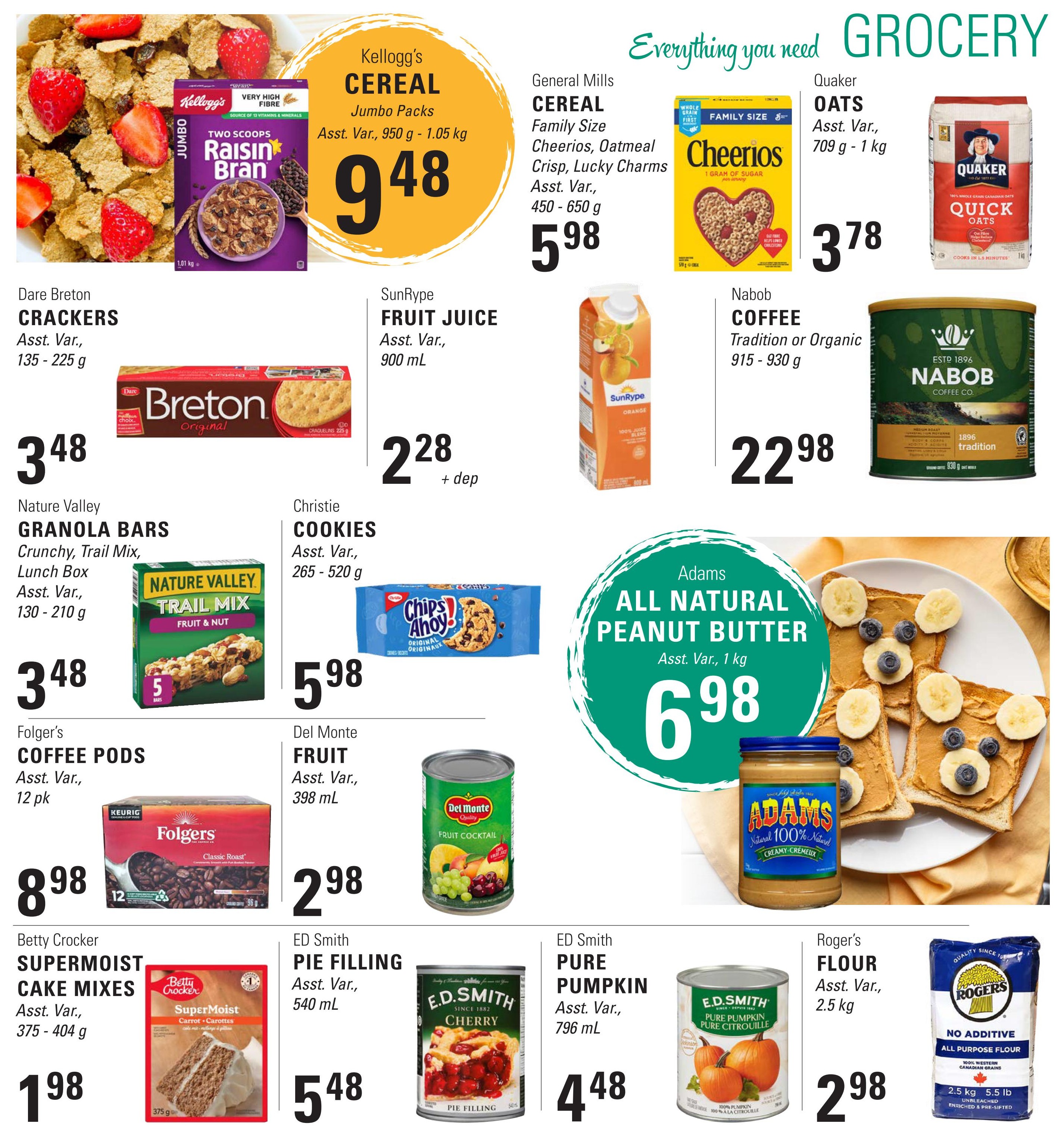 Askew's Foods weekly flyer specials page 3 includes Kellogg's Cereal Jumbo Packs for $9.48, General Mills Cereal Family Size (Cheerios, Oatmeal Crisp, Lucky Charms) for $5.98, Quaker Oats (709 g - 1 kg) for $3.78, and Nabob Coffee Tradition or Organic (915 - 930 g) for $22.98. Also featured are Dare Breton Crackers (135 - 225 g) for $3.48, SunRype Fruit Juice (900 mL) for $2.28 + deposit, Christie Cookies (265 - 520 g) for $5.98, and Adams All Natural Peanut Butter (1 kg) for $6.98. Additional items include Nature Valley Granola Bars (Lunch Box, Crunchy, Trail Mix, Asst. Var., 130 - 210 g) for $3.48, Folger's Coffee Pods (12 pk) for $8.98, Del Monte Fruit (398 mL) for $2.98, Betty Crocker Supermoist Cake Mixes (Asst. Var., 375 - 404 g) for $1.98, E.D. Smith Pie Filling (Asst. Var., 540 mL) for $5.48, E.D. Smith Pure Pumpkin (796 mL) for $4.48, and Roger's Flour (2.5 kg) for $2.98.
