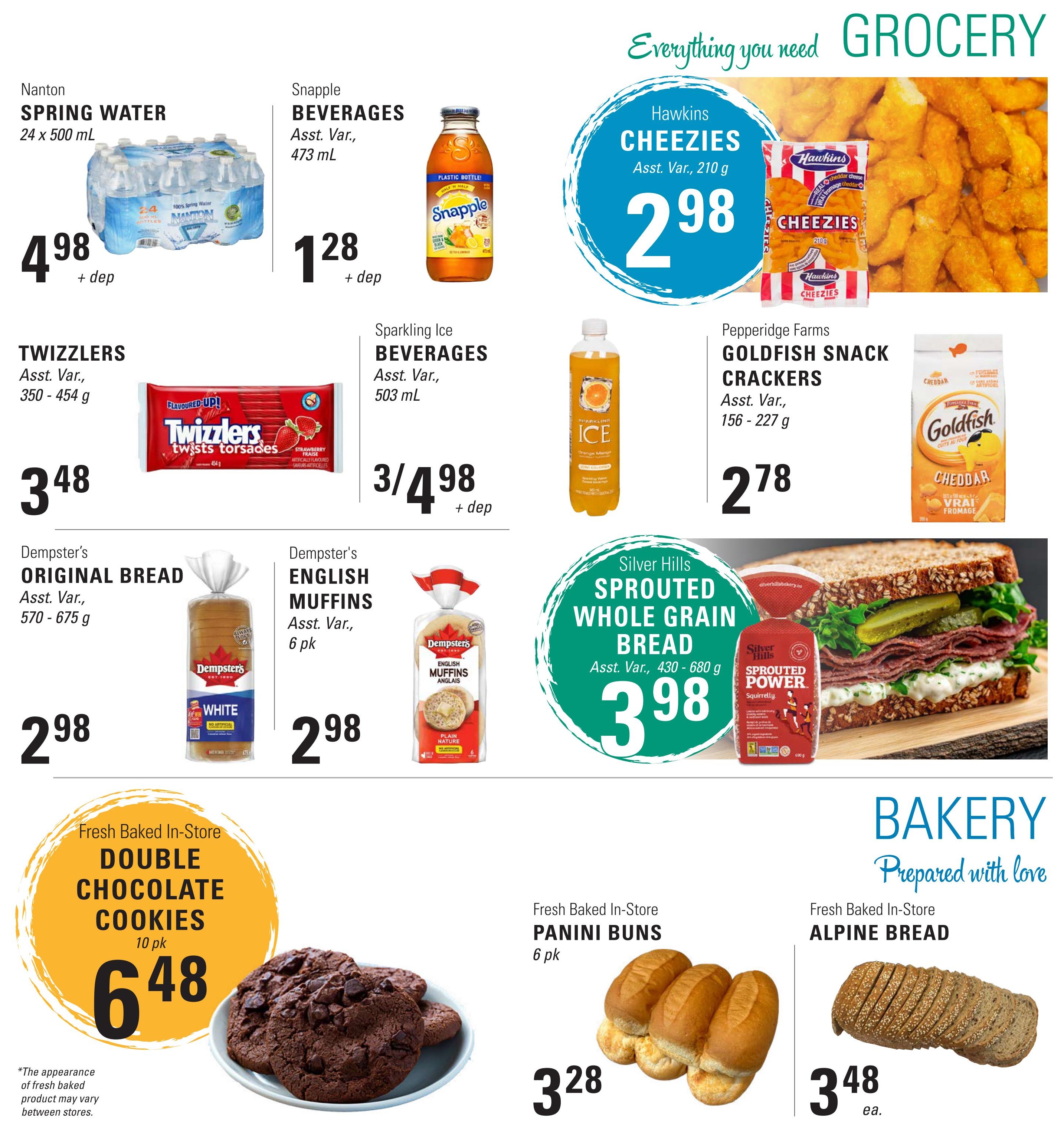Askew's Foods weekly flyer specials, Page 5. Featured grocery items include Nanton Spring Water, 24 x 500 mL bottles for $4.98 plus deposit. Snapple Beverages, 473 mL, are $1.28 plus deposit. Hawkins Cheezies, 210 g, are $2.98. Pepperidge Farms Goldfish Snack Crackers, 156-227 g, are $2.78. Twizzlers candy, 350-454 g, are $3.48. Sparkling Ice Beverages, 503 mL, are 3 for $4.98 plus deposit. Dempster's Original Bread, 570-675 g, is $2.98. Dempster's English Muffins, 6 pk, are $2.98. Silver Hills Sprouted Whole Grain Bread, 430-680 g, is $3.98. Bakery items include Fresh Baked In-Store Double Chocolate Cookies, 10 pk, for $6.48. Fresh Baked In-Store Panini Buns, 6 pk, are $3.28. Fresh Baked In-Store Alpine Bread is $3.48 each.
