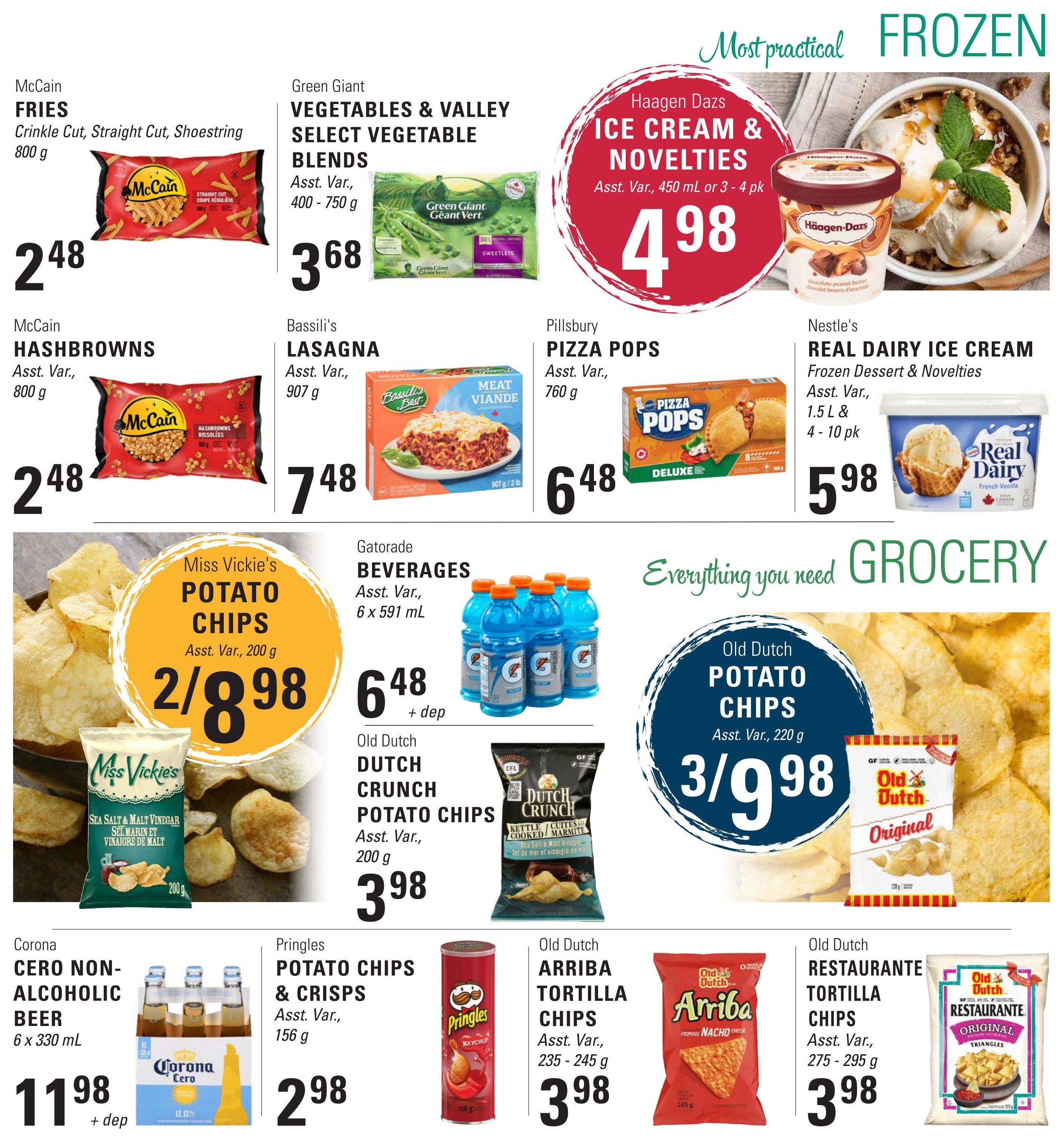 Askew's Foods weekly flyer specials page 9 features frozen and grocery items. Frozen deals include McCain Fries Crinkle Cut, Straight Cut, Shoestring 800 g for $2.48, McCain Hashbrowns 800 g for $2.48, Green Giant Vegetables & Valley Select Vegetable Blends 400-750 g for $3.68, Haagen Dazs Ice Cream & Novelties 450 mL or 3-4 pk for $4.98, and Nestle's Real Dairy Ice Cream Frozen Dessert & Novelties 1.5 L for $5.98. Grocery highlights include Miss Vickie's Potato Chips Asst. Var., 200 g for 2 for $8.98, Old Dutch Potato Chips Asst. Var., 220 g for 3 for $9.98, Old Dutch Dutch Crunch Potato Chips Asst. Var., 200 g for $3.98, Old Dutch Arriba Tortilla Chips Asst. Var., 235-245 g for $3.98, Old Dutch Restaurante Tortilla Chips Asst. Var., 275-295 g for $3.98, Pringles Potato Chips & Crisps Asst. Var., 156 g for $2.98, Pillsbury Pizza Pops Asst. Var., 760 g for $6.48, and Gatorade Beverages Asst. Var., 6 x 591 mL for $6.48 plus deposit. Also featured is Corona Cero Non-Alcoholic Beer 6 x 330 mL for $11.98 plus deposit.