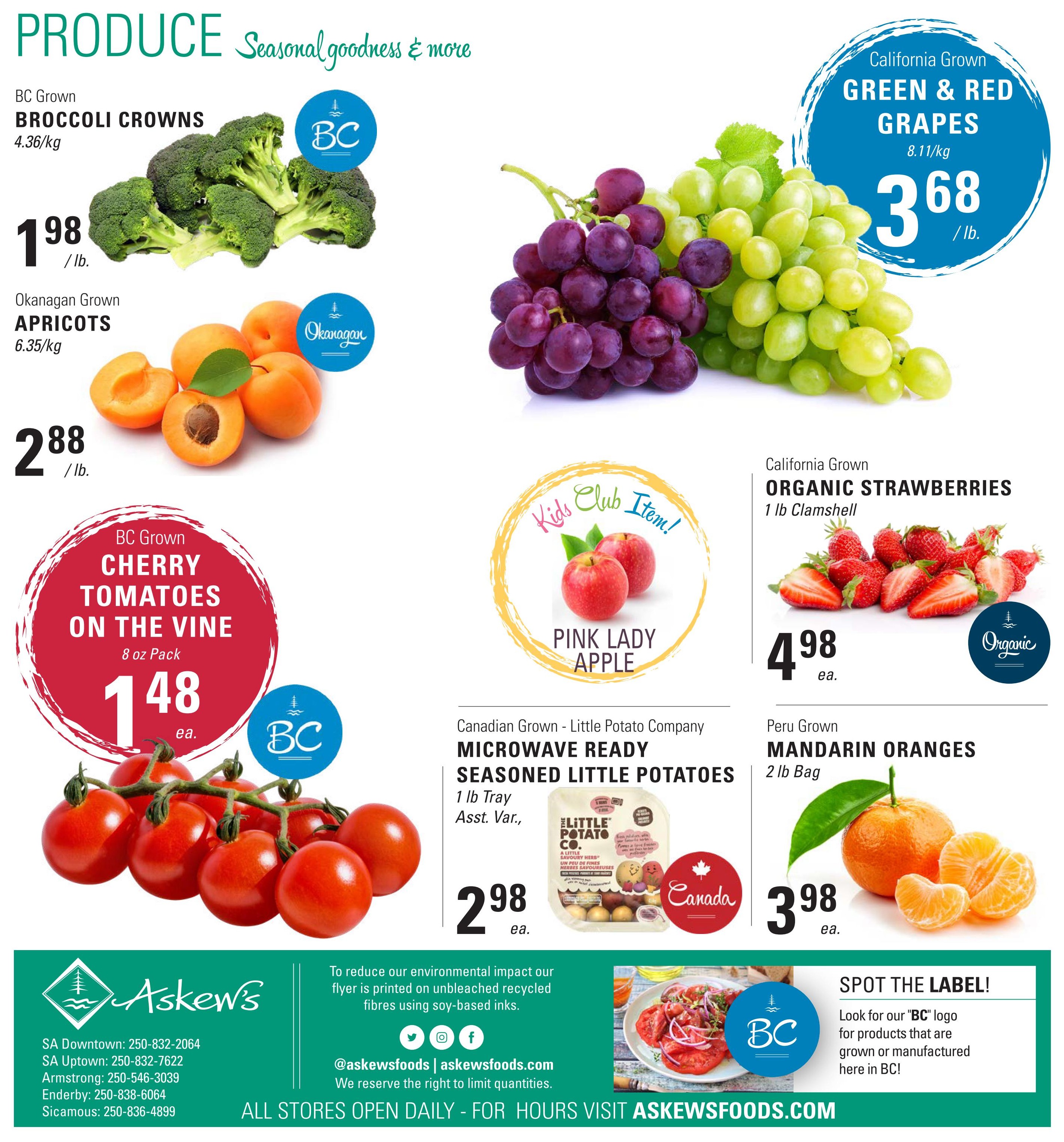 Askew's Foods weekly flyer specials page 12 features seasonal produce. Highlights include BC Grown Broccoli Crowns at $1.98/lb, Okanagan Grown Apricots at $2.88/lb, and BC Grown Cherry Tomatoes on the Vine (8 oz pack) for $1.48 each. Also featured are California Grown Green & Red Grapes at $3.68/lb, California Grown Organic Strawberries (1 lb clamshell) for $4.98 each, and Peru Grown Mandarin Oranges (2 lb bag) for $3.98 each. A Kids Club Item, Pink Lady Apples are also shown. Additionally, Canadian Grown Little Potato Company Microwave Ready Seasoned Little Potatoes (1 lb tray) are available for $2.98 each. The flyer encourages shoppers to spot the 'BC' logo for products grown or manufactured in British Columbia.
