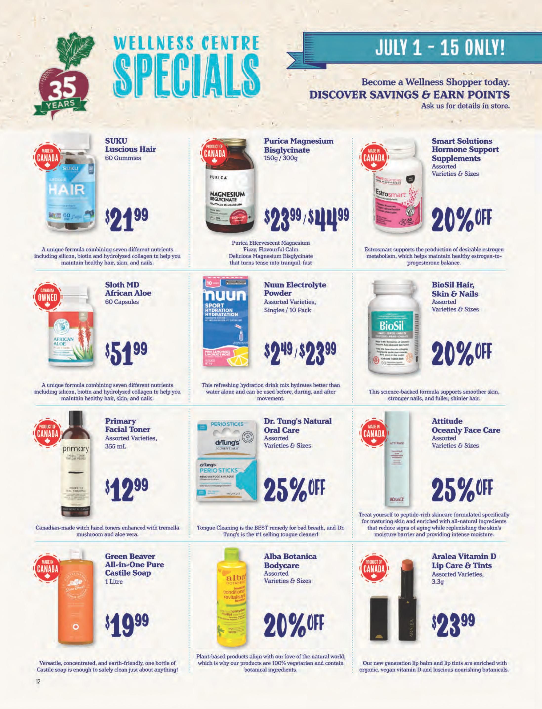 Choices Markets Wellness Centre Specials flyer, July 1-15. Featured products include SUKU Luscious Hair 60 Gummies for $21.99, Purica Magnesium Bisglycinate 150g/300g for $23.99/$44.99, and Smart Solutions Hormone Support Supplements (Assorted Varieties & Sizes) at 20% off. Also available are Sloth MD African Aloe 60 Capsules for $51.99, Nuun Electrolyte Powder (Assorted Varieties, Singles/10 Pack) for $2.49/$23.99, and BioSil Hair, Skin & Nails (Assorted Varieties & Sizes) at 20% off. Primary Facial Toner (Assorted Varieties, 355 mL) is $12.99, Dr. Tung's Natural Oral Care Perio Sticks (Assorted Varieties & Sizes) are 25% off, and Attitude Oceanly Face Care (Assorted Varieties & Sizes) is 25% off. Green Beaver All-in-One Pure Castile Soap (1 Litre) is $19.99, Alba Botanica Bodycare (Assorted Varieties & Sizes) is 20% off, and Aralea Vitamin D Lip Care & Tints (Assorted Varieties, 3.3g) is $23.99. The flyer highlights savings and points for shoppers.