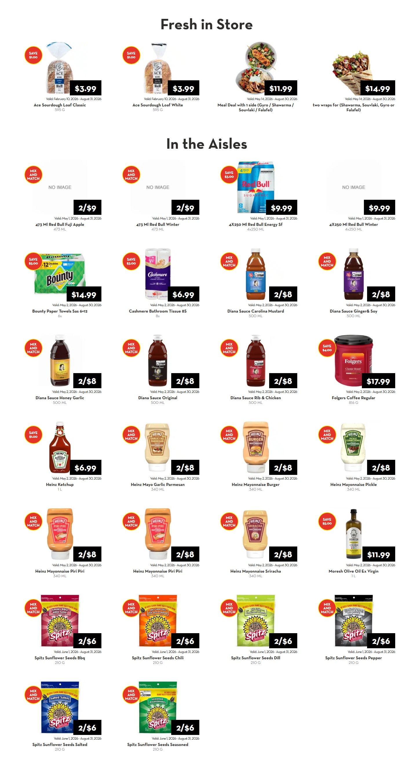 Rabba flyer specials page 1 features 'Fresh in Store' items including Ace Sourdough Loaf Classic for $3.99, Ace Sourdough Loaf White for $3.99, a Meal Deal with 1 side (Gyro/Shawarma/Souvlaki/Falafel) for $11.99, and two wraps for (Shawarma/Souvlaki/Gyro/Falafel) for $14.99. 'In the Aisles' section includes 473 ml Red Bull Fuji Apple and 473 ml Red Bull Winter at 2 for $9, 4x250 ml Red Bull Energy Sf and 4x250 ml Red Bull Winter at $9.99 each. Also featured are Bounty Paper Towels 6s+12 for $14.99 (save $5.00), Cashmere Bathroom Tissue 8s for $6.99 (save $3.00), and various Diana Sauces including Carolina Mustard, Honey Garlic, Original, Rib & Chicken, and Ginger & Soy, all at 2 for $8. Heinz products include Ketchup for $6.99, and Mayonnaise varieties like Carolina Garlic Parmesan, Burger, Pickle, Piri Piri (2 for $8), and Sriracha (2 for $8). Folgers Coffee Regular is $17.99 (save $4.00). More Heinz Mayonnaise Piri Piri is also available at 2 for $8. Finally, Spitz Sunflower Seeds are featured in Bbq, Chili, Dill, Pepper, Salted Sals, and Seasoned varieties, all at 2 for $6.