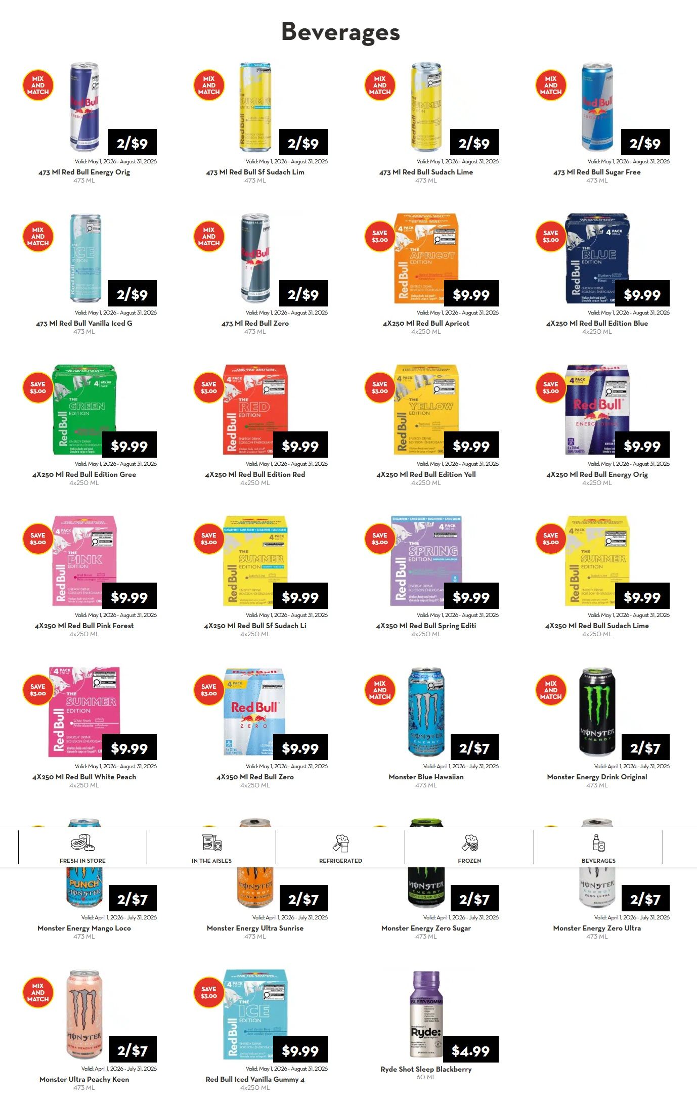 Rabba flyer specials page 3 features a variety of beverages. Mix and match Red Bull 473 ml cans are 2 for $9, including Red Bull Energy Original, Red Bull Sugar Free, Red Bull Sudach Lime, Red Bull Sf Sudach Lim, Red Bull Vanilla Iced G, and Red Bull Zero. Also available are Red Bull 4x250 ml 4-packs for $9.99 each, with savings of $3.00, featuring Red Bull Apricot Edition, Blue Edition, Green Edition, Red Edition, Yellow Edition, Summer Edition Sudach Lime, Pink Edition, Summer Edition White Peach, Spring Edition, and Iced Vanilla Gummy 4. Monster Energy drinks are featured with 473 ml cans at 2 for $7, including Monster Energy Mango Loco, Monster Energy Ultra Sunrise, Monster Energy Blue Hawaiian, Monster Energy Drink Original, Monster Energy Zero Sugar, Monster Energy Zero Ultra, and Monster Ultra Peachy Keen. Ryde Shot Sleep Blackberry 80 ml is available for $4.99.