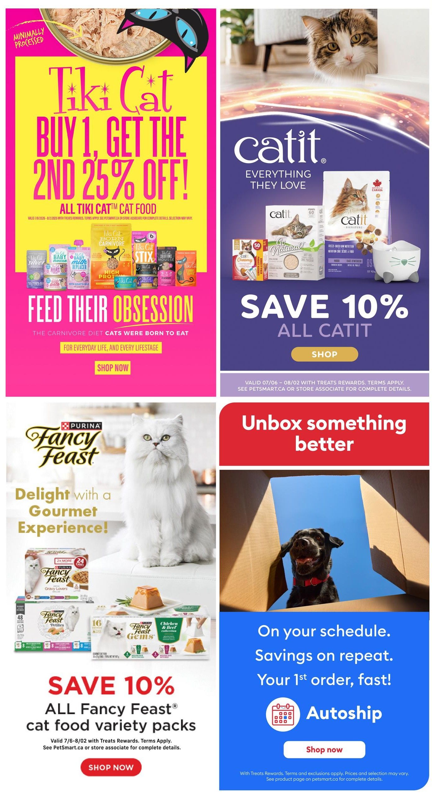 PetSmart flyer page 8 features a 'Buy 1, Get the 2nd 25% Off' promotion on all Tiki Cat food, including varieties like Tiki Cat Silver, Baby, Baby Milk Replacer, Born Carnivore, Stix, and Solutions Mousse. The page also highlights a 'Save 10% on All Catit' offer, featuring Catit Creamy, Go Natural, and Signature products, along with a Catit drinking fountain. Additionally, there's a 'Save 10% on All Fancy Feast cat food variety packs' promotion, showcasing Purina Fancy Feast Gravy Lovers, Petites, and Gems. A section on 'Autoship' offers savings on repeat orders, with a 'Shop Now' button for this service. The flyer is valid from July 6th to August 2nd.