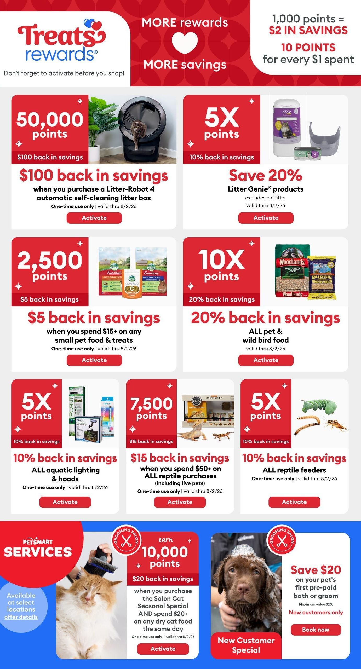 PetSmart Treats Rewards page featuring multiple offers. Earn 1,000 points for $2 in savings, with 10 points for every $1 spent. Get $100 back in savings when you purchase a Litter-Robot 4 automatic self-cleaning litter box. Save 20% on Litter Genie products (excludes cat litter). Earn 2,500 points ($5 back in savings) when you spend $15+ on any small pet food & treats. Earn 10X points (20% back in savings) on all pet & wild bird food. Get 10% back in savings on all aquatic lighting & hoods. Earn 7,500 points ($15 back in savings) when you spend $50+ on all reptile purchases (including live pets). Get 10% back in savings on all reptile feeders. Earn 10,000 points ($20 back in savings) when you purchase the Salon Cat Seasonal Special AND spend $20+ on any dry cat food the same day. PetSmart Services are available at select locations. New customers can save $20 on their pet's first pre-paid bath or groom, maximum value $20. All offers are one-time use only and valid through 8/2/26.