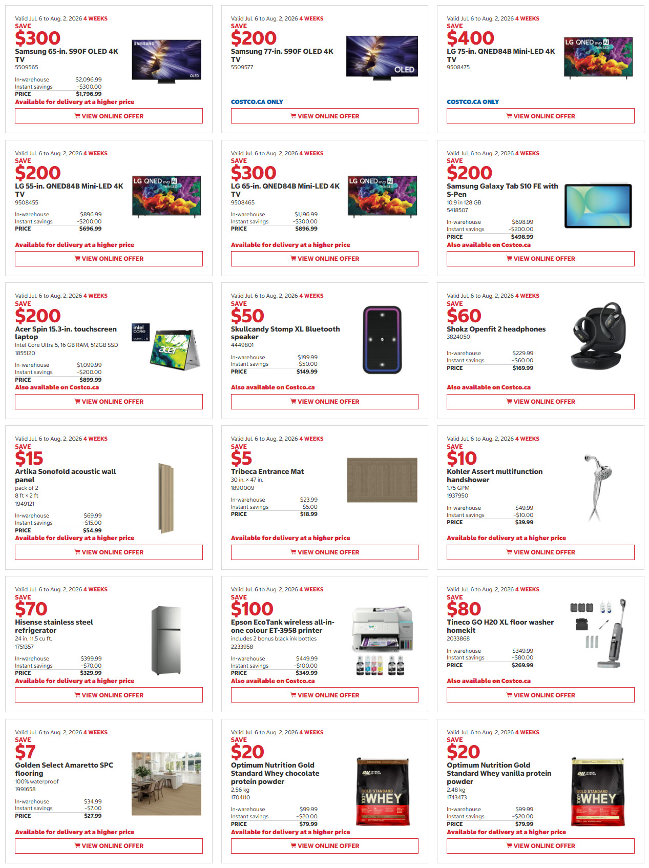 Costco flyer page 3 features savings from July 6 to August 2, 2026. Top deals include a Samsung 65-in. S90F OLED 4K TV for $300 off, a Samsung 77-in. S90F OLED 4K TV for $200 off, and an LG 75-in. QNED84B Mini-LED 4K TV for $400 off. Also featured are an LG 55-in. QNED84B Mini-LED 4K TV for $200 off, and an LG 65-in. QNED84B Mini-LED 4K TV for $300 off. Electronics include the Acer Spin 15.3-in. touchscreen laptop with $200 savings, priced at $899.99, and the Skullcandy Stomp XL Bluetooth speaker for $50 off, priced at $149.99. Shokz Openfit 2 headphones are on sale for $60 off, priced at $169.99. Home goods include the Artika Sonofold acoustic wall panel for $15 off, priced at $54.99, and a Tribeca Entrance Mat for $5 off, priced at $18.99. The Kohler Assent multifunction handshower is $10 off, priced at $39.99. Appliances on offer are a Hisense stainless steel refrigerator for $70 off, priced at $329.99, and a Tineco GO H20 XL floor washer homekit for $80 off, priced at $269.99. The Epson EcoTank wireless all-in-one colour ET-3958 printer is $100 off, priced at $349.99. Nutrition products include Optimum Nutrition Gold Standard Whey chocolate protein powder for $20 off, priced at $79.99, and Optimum Nutrition Gold Standard Whey vanilla protein powder for $20 off, also priced at $79.99.